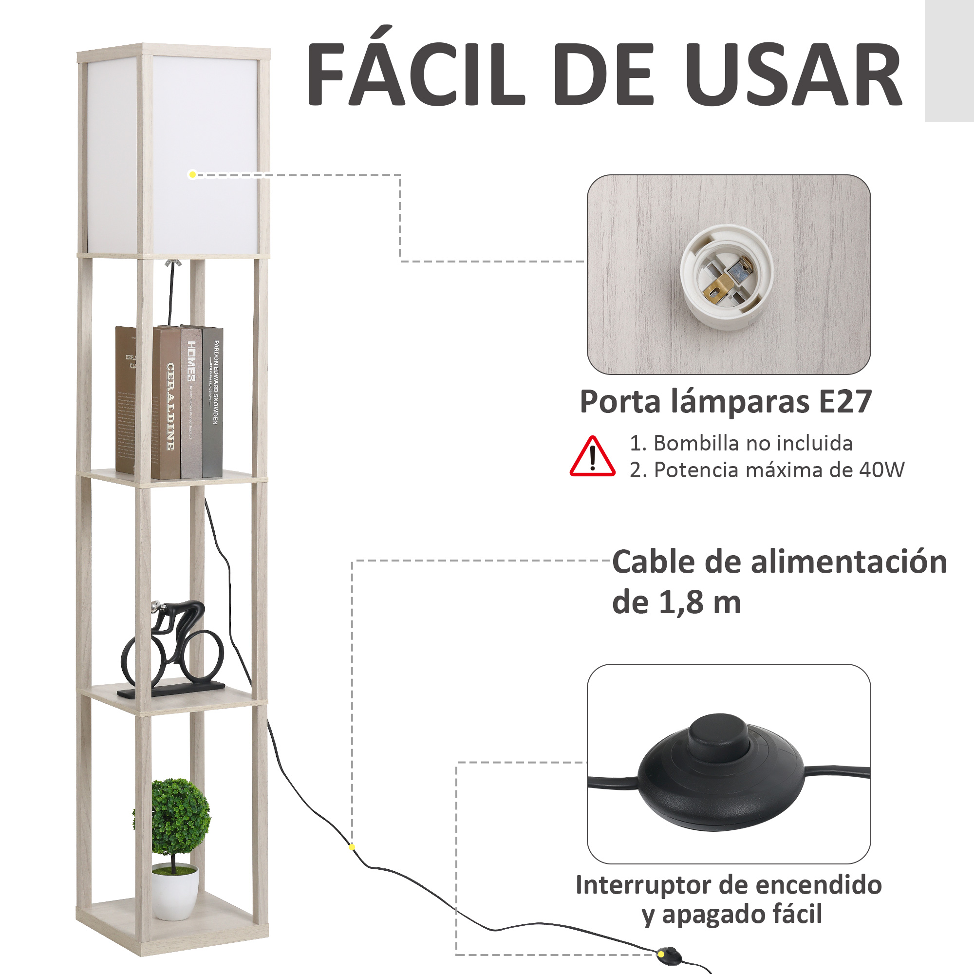 Una lámpara de pie con estantes y un diagrama con texto. Muestra un cable de alimentación e interruptor.