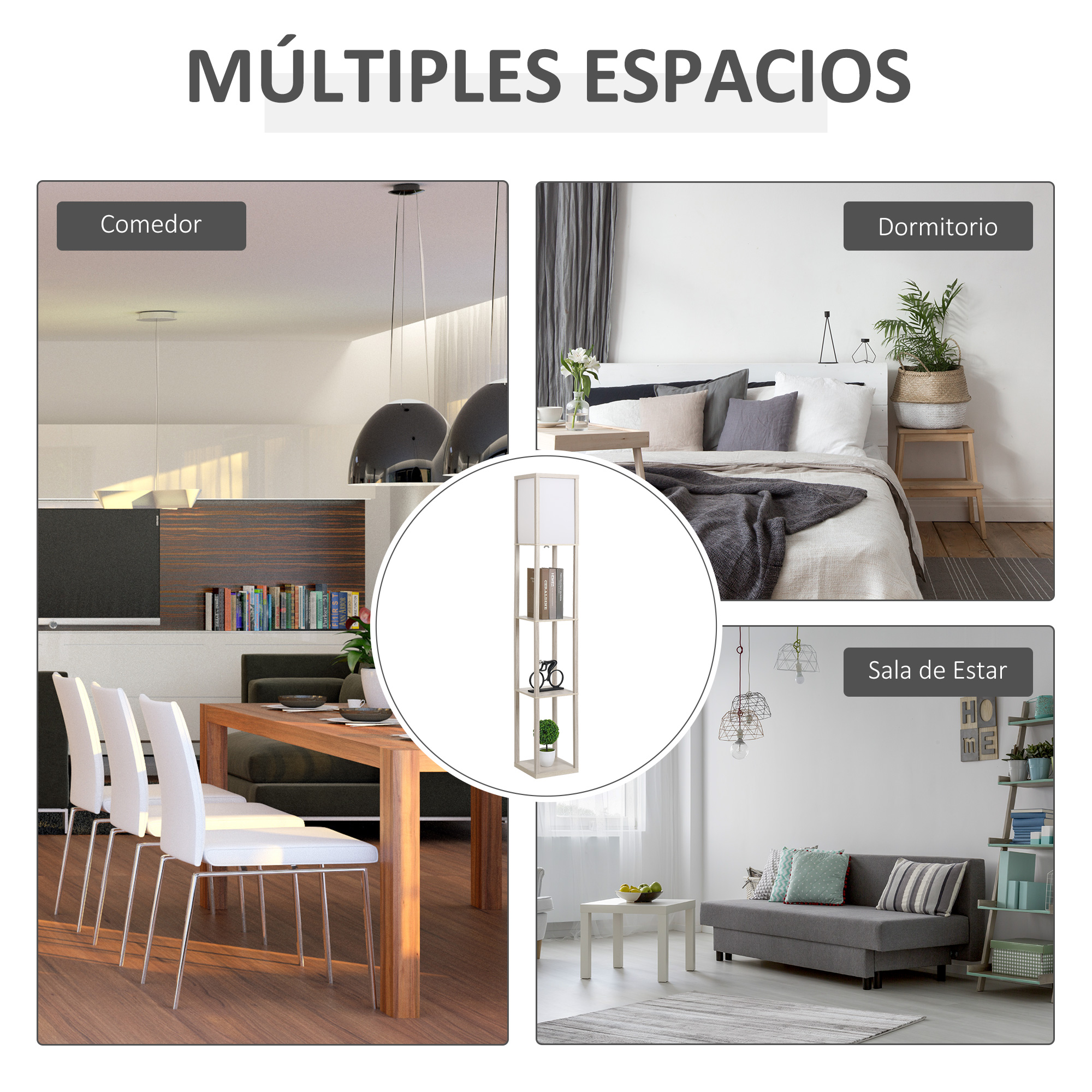 Un collage de habitaciones: comedor, dormitorio y sala de estar, todas mostrando la misma lámpara de pie.