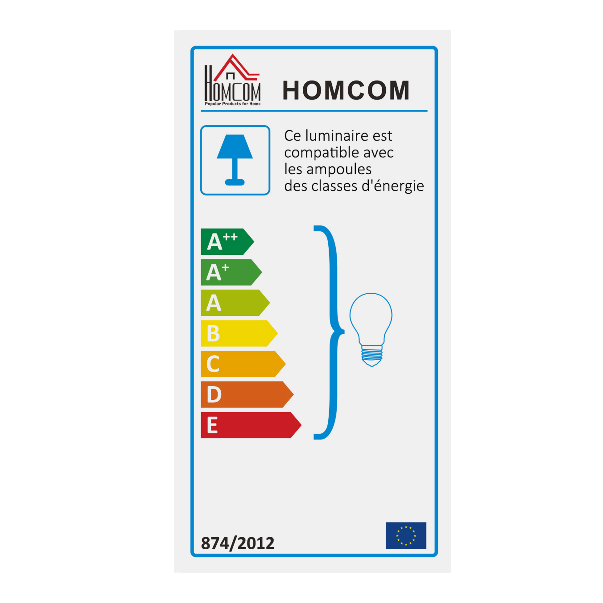 Una etiqueta de eficiencia energética con clasificaciones de A++ a E, que muestra la compatibilidad con bombillas de bajo consumo.