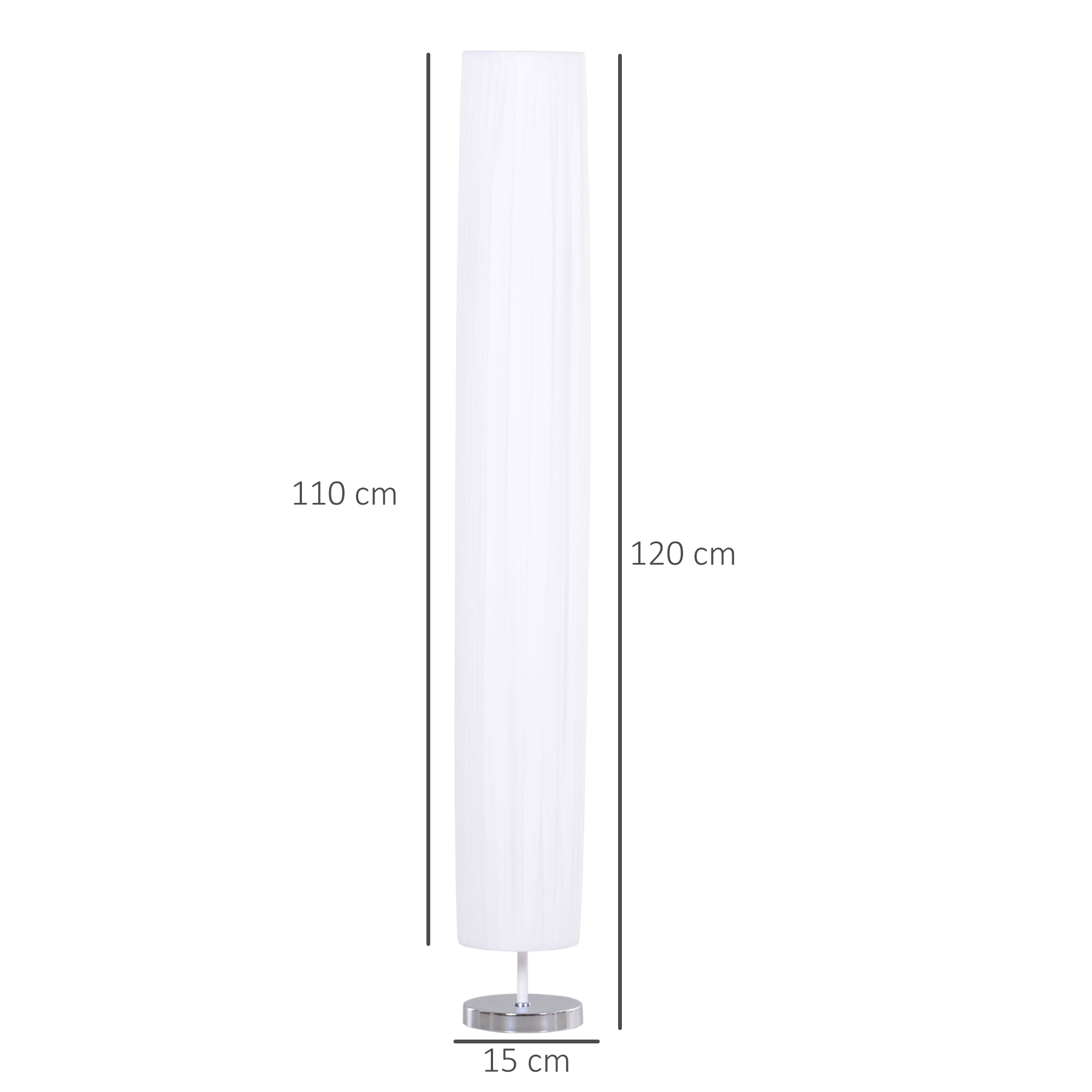 Una lámpara de pie blanca con una pantalla cilíndrica blanca. Se proporcionan las dimensiones.