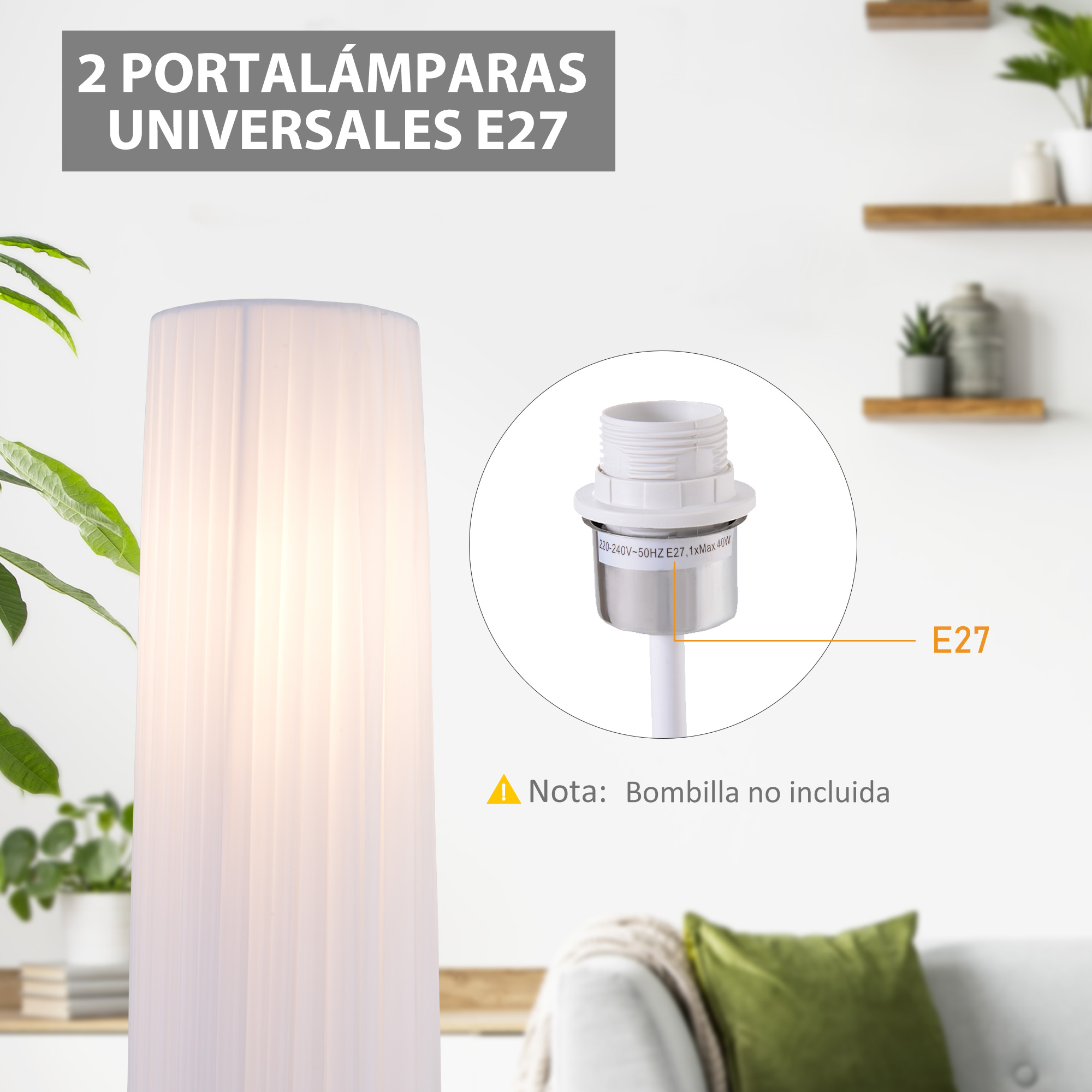 Primer plano de un portalámparas con pantalla plisada blanca. La lámpara está sobre un fondo blanco.
