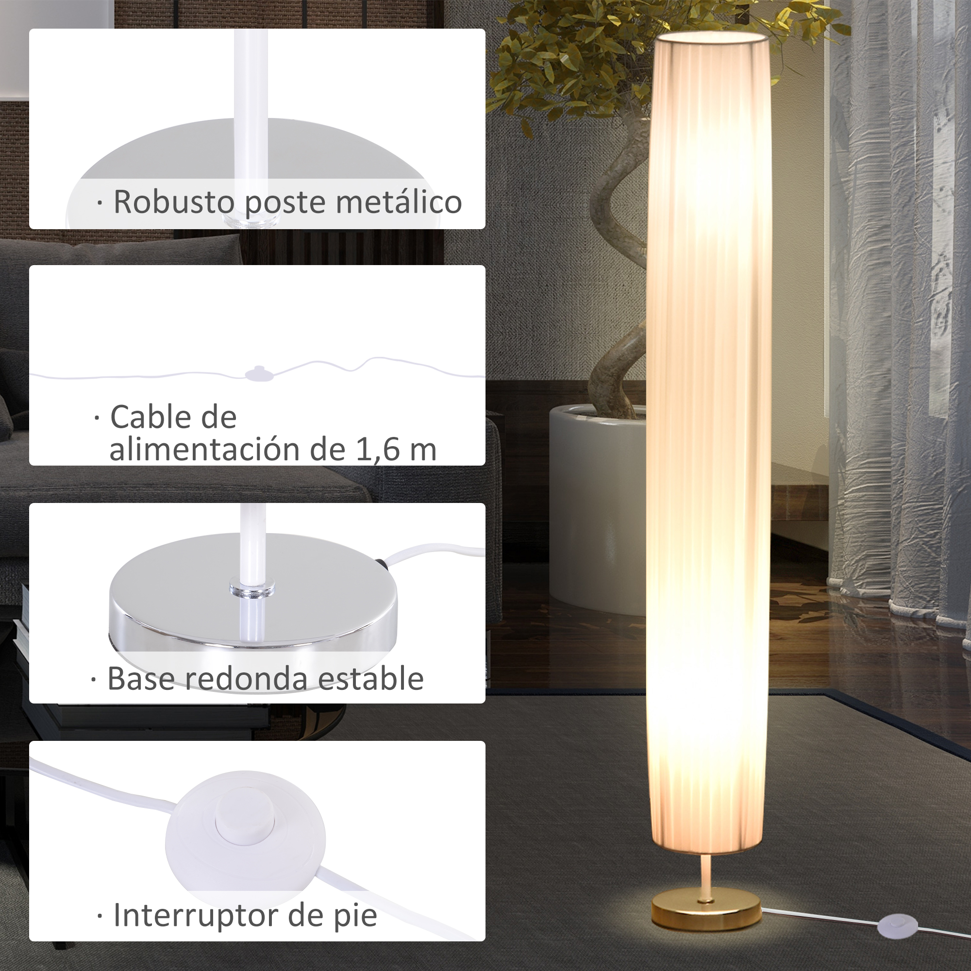 Una lámpara de pie alta con pantalla plisada blanca y base dorada. Está iluminada y detallada.