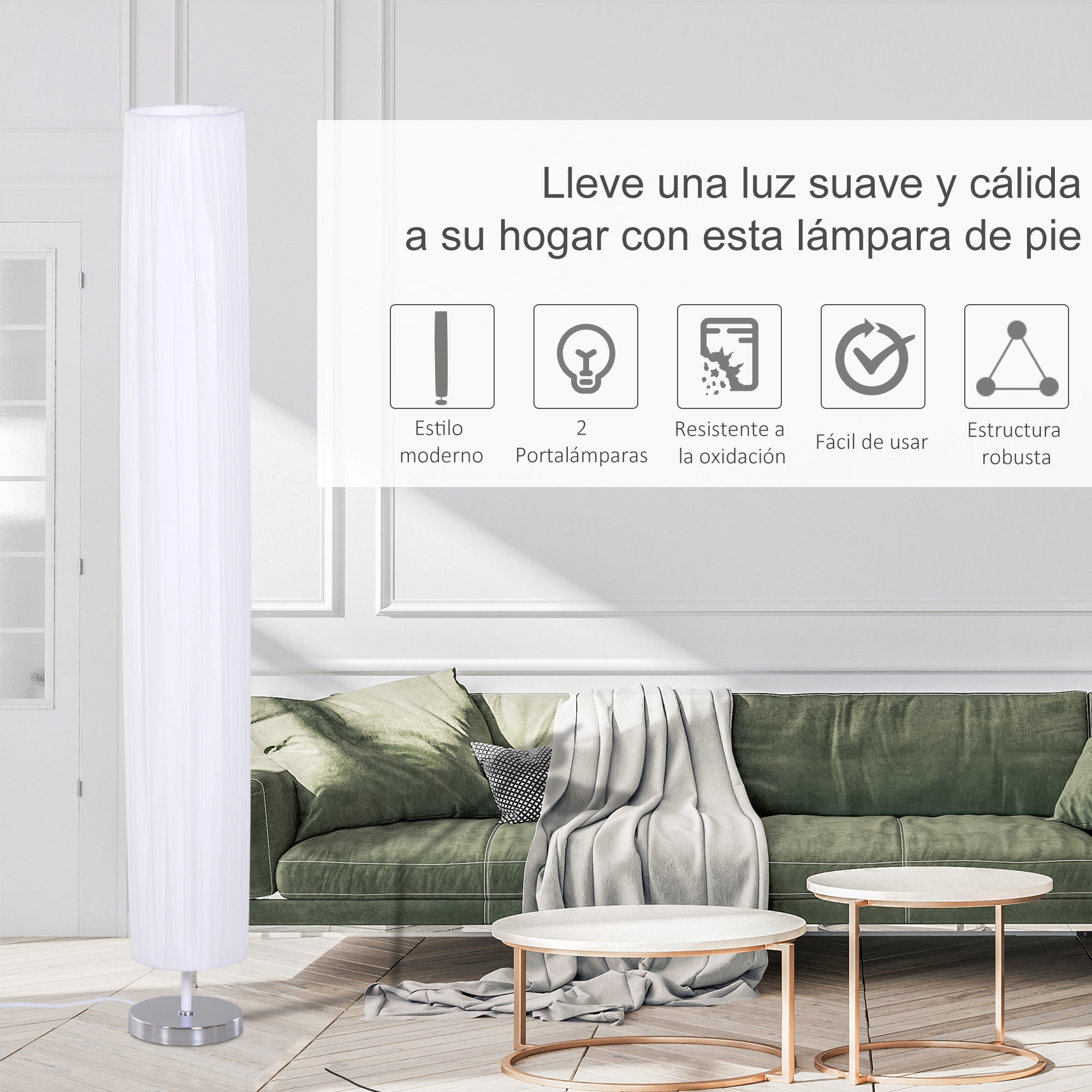 Una lámpara de pie alta y blanca con pantalla plisada, en un salón.