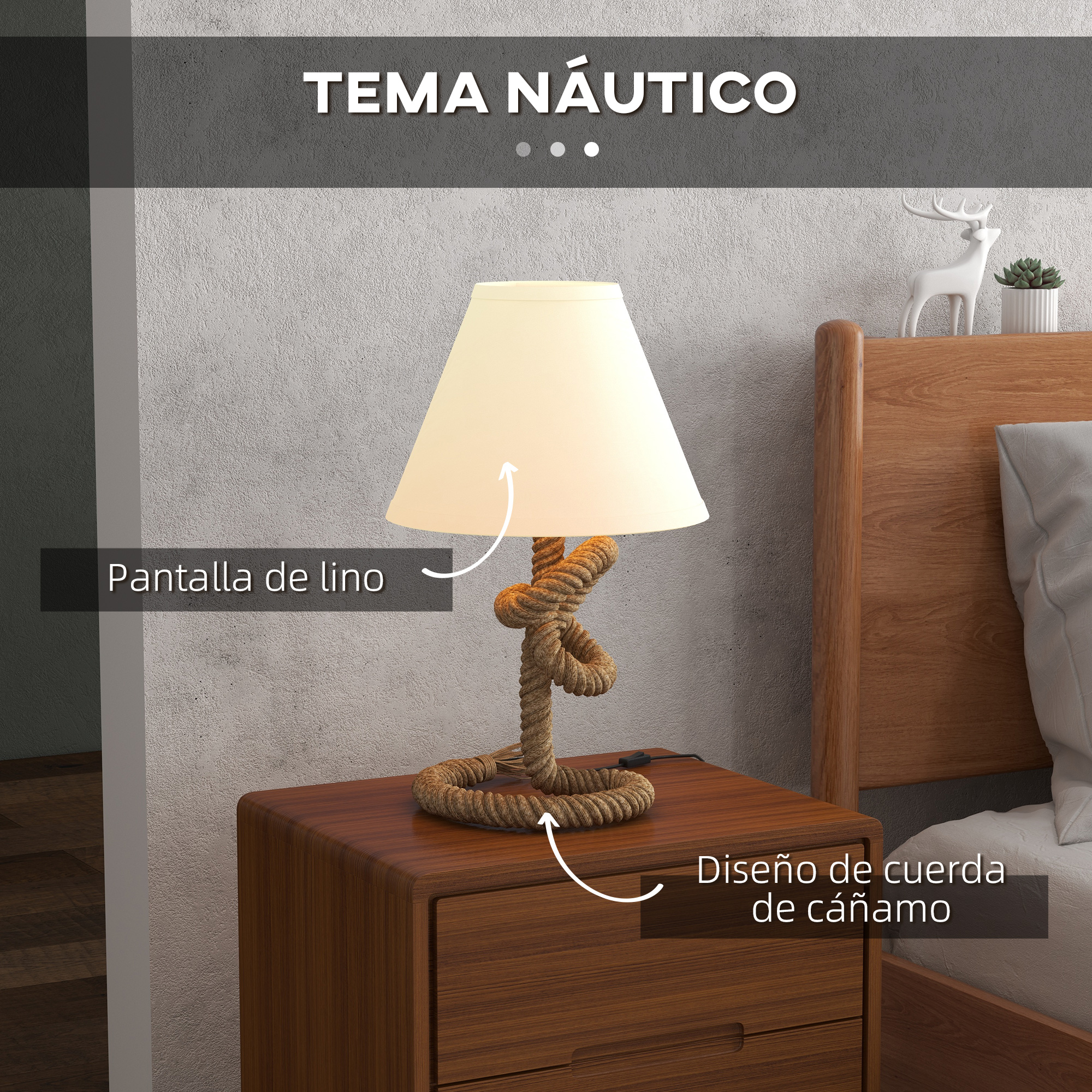 Lámpara de mesa de temática náutica con pantalla de lino y diseño de cuerda en una mesita de noche.