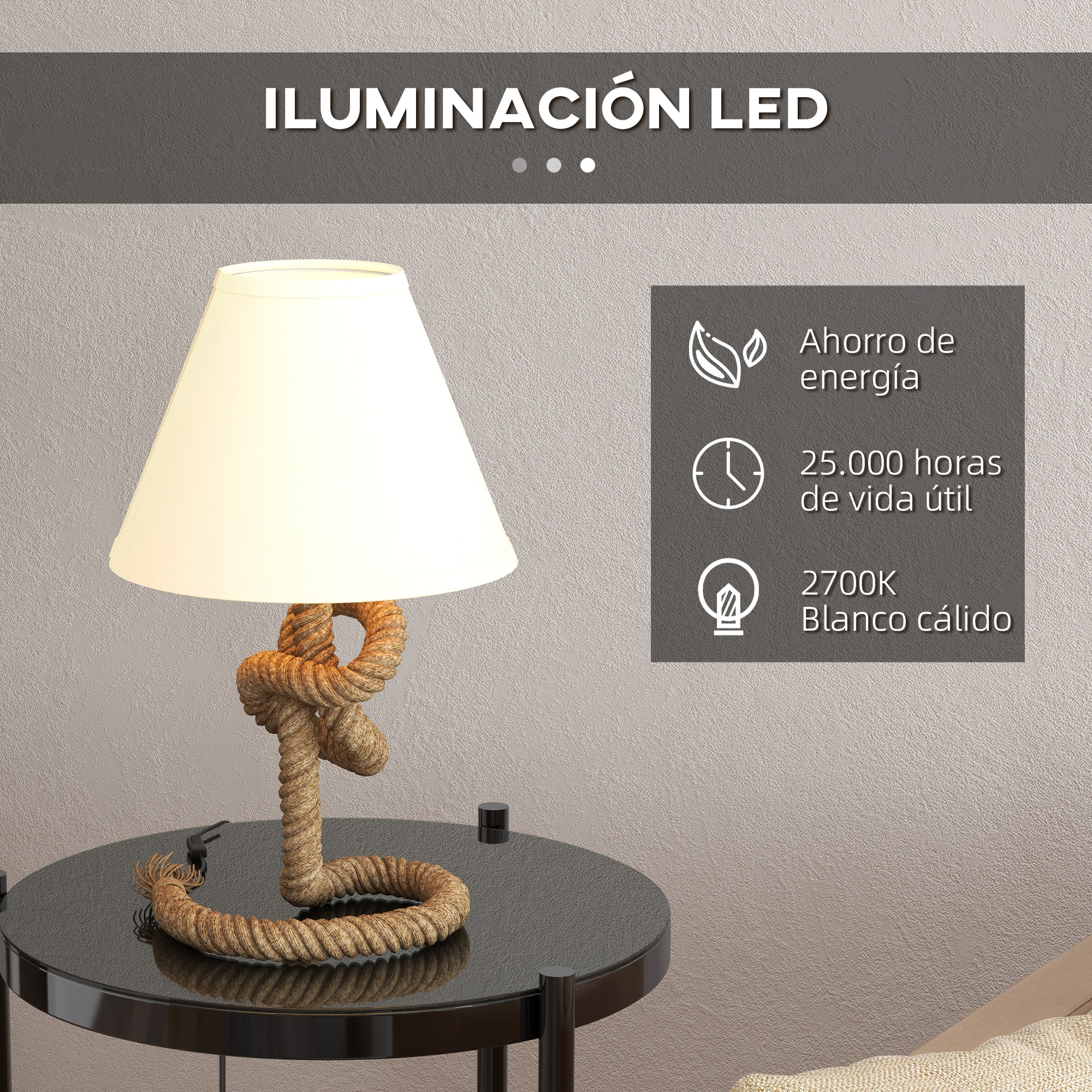 Una lámpara de mesa con una pantalla beige y una base en forma de cuerda. El fondo tiene texto e iconos.