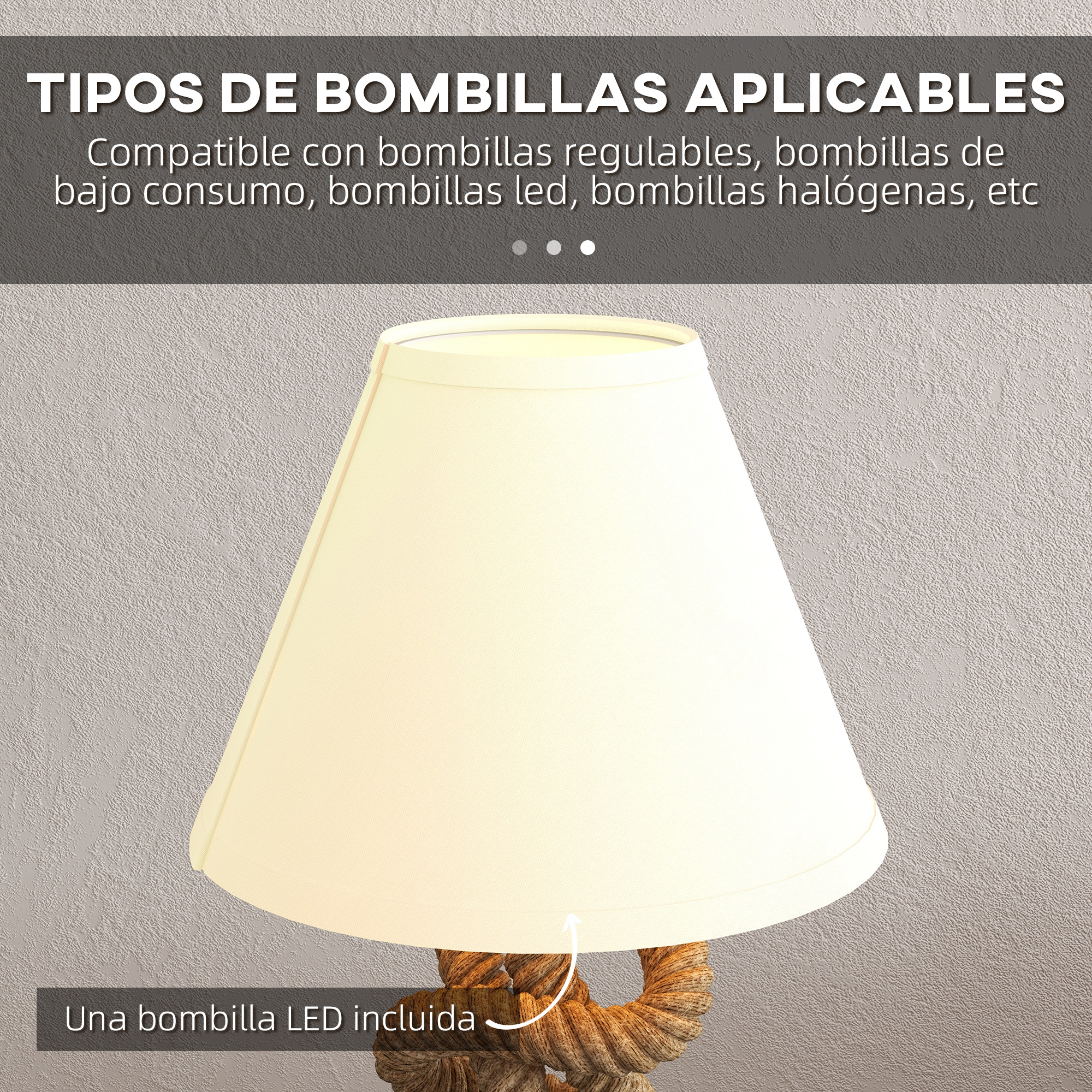 Primer plano de una lámpara de mesa con pantalla blanca y base en forma de cuerda. Incluye una bombilla LED.