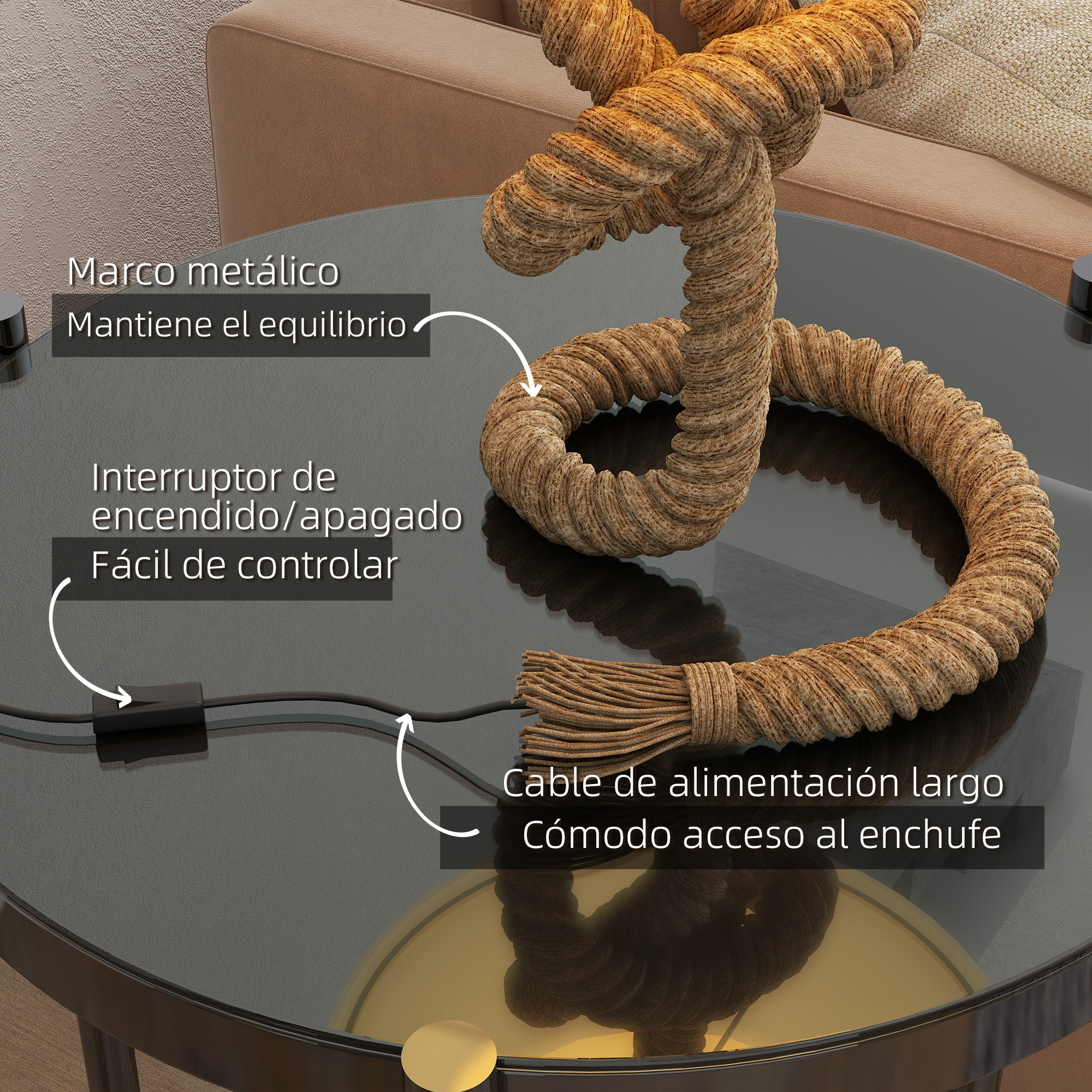 Primer plano de una lámpara de mesa con base en forma de cuerda y una mesa de cristal.