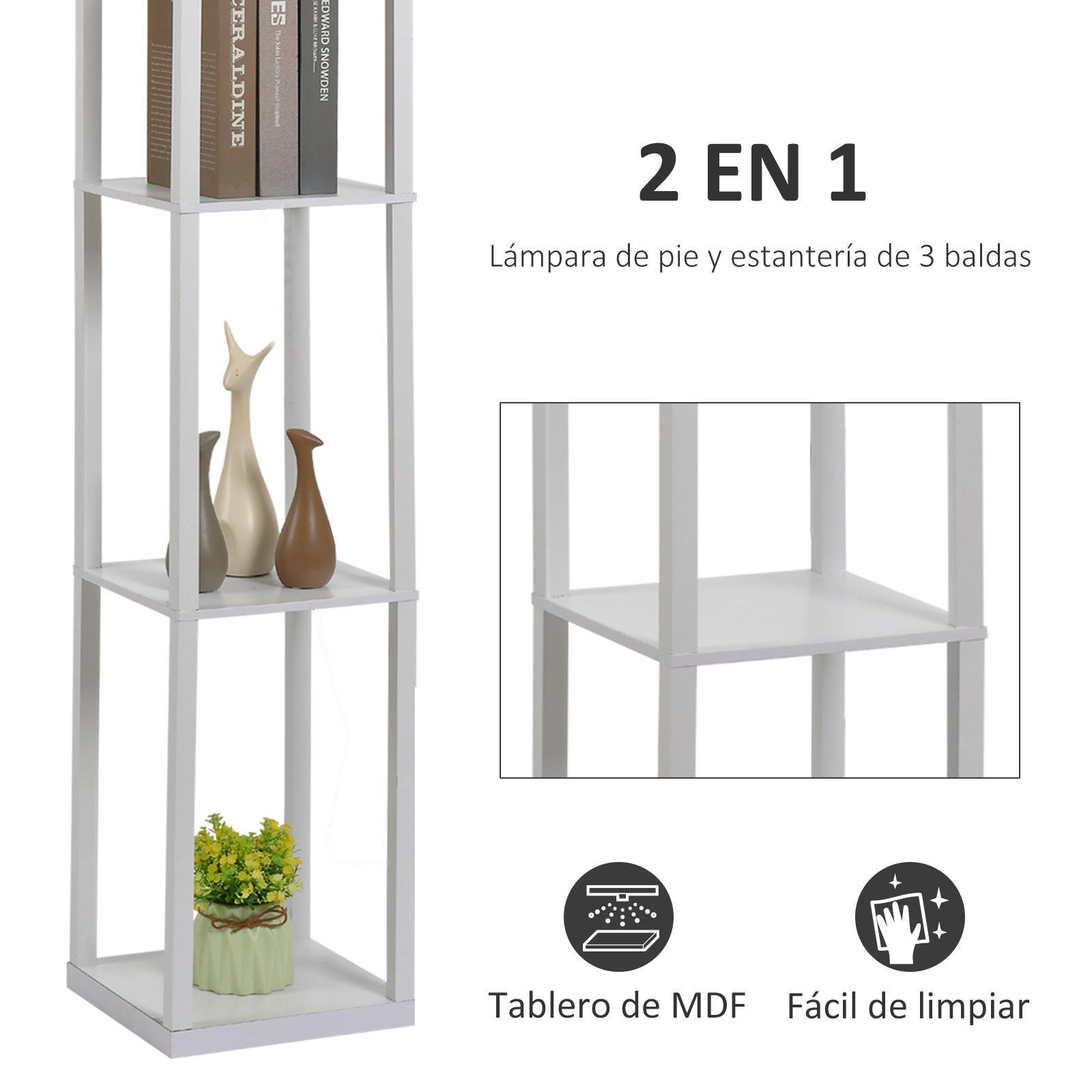 Una estantería blanca con tres estantes. Hay libros, jarrones y una planta en los estantes.