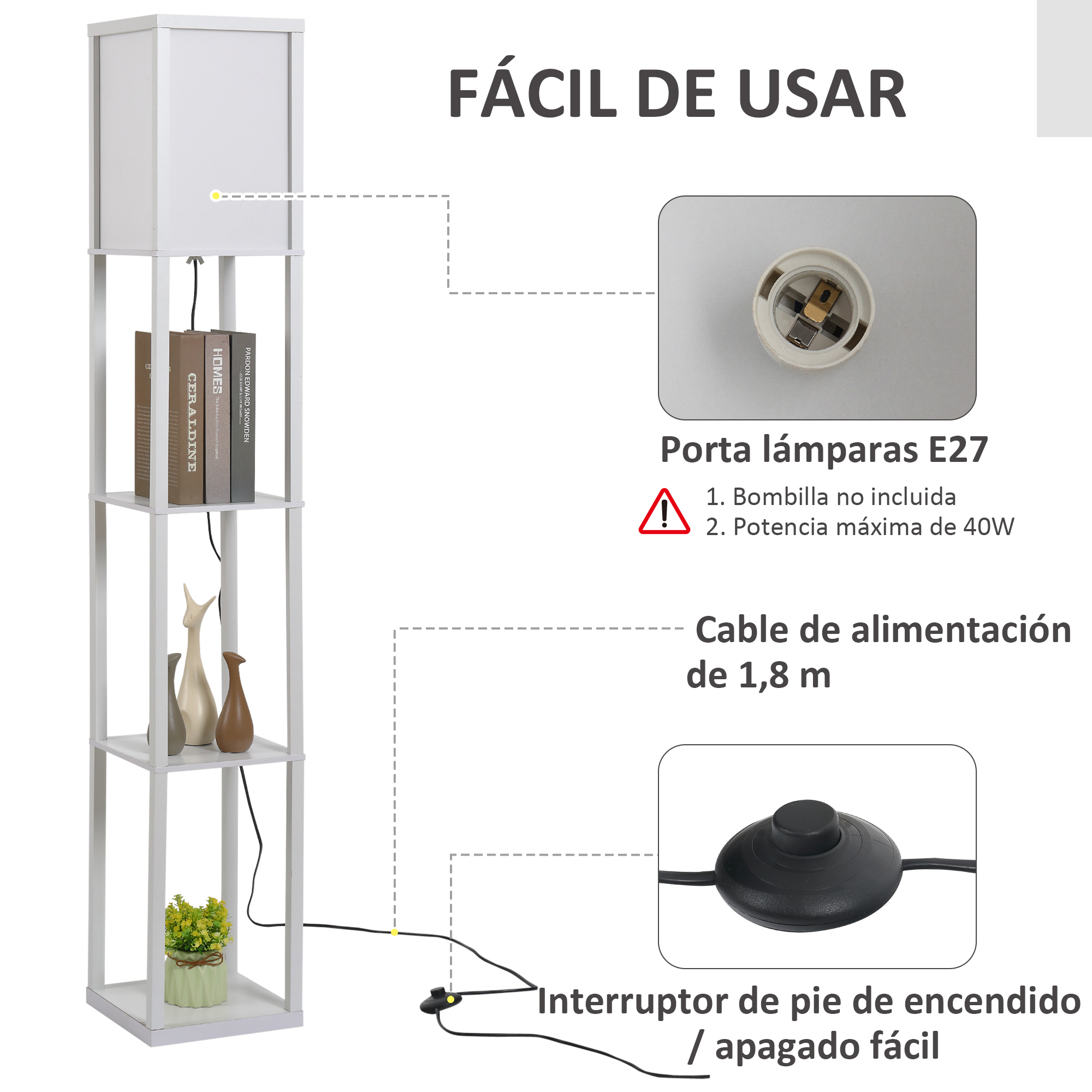 Detalles de una lámpara de pie que muestra el portalámparas E27, el cable de alimentación y el interruptor de pie.