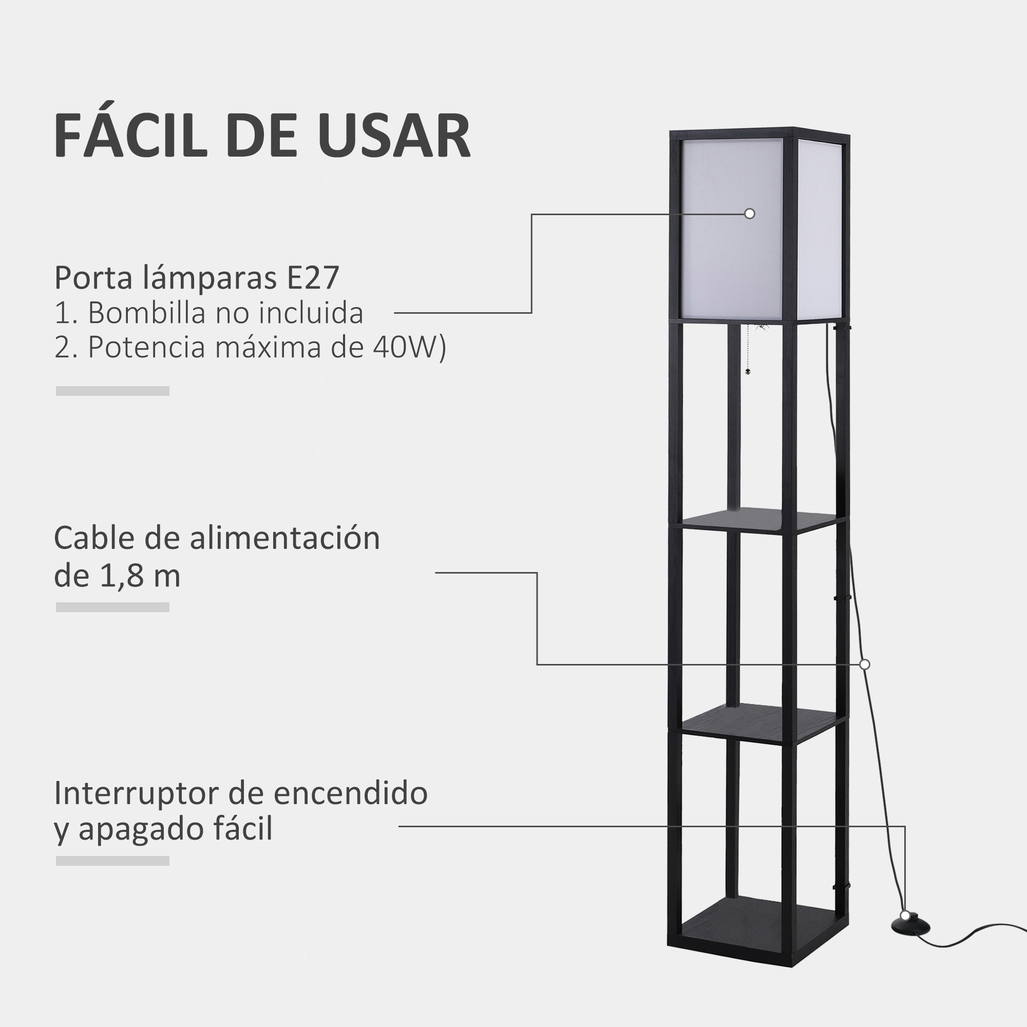 Lámpara de pie negra con pantalla cuadrada y estantes. Texto: portalámparas E27, máx. 40W, cable.