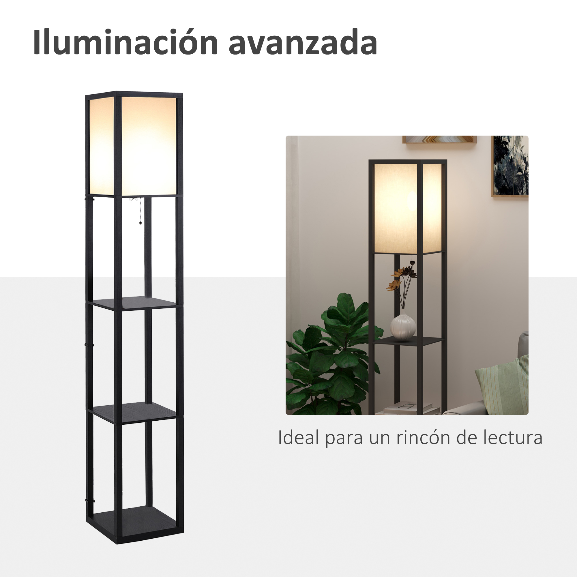 Lámpara de pie negra con pantalla cuadrada y estantes. Imagen más pequeña: lámpara con planta.