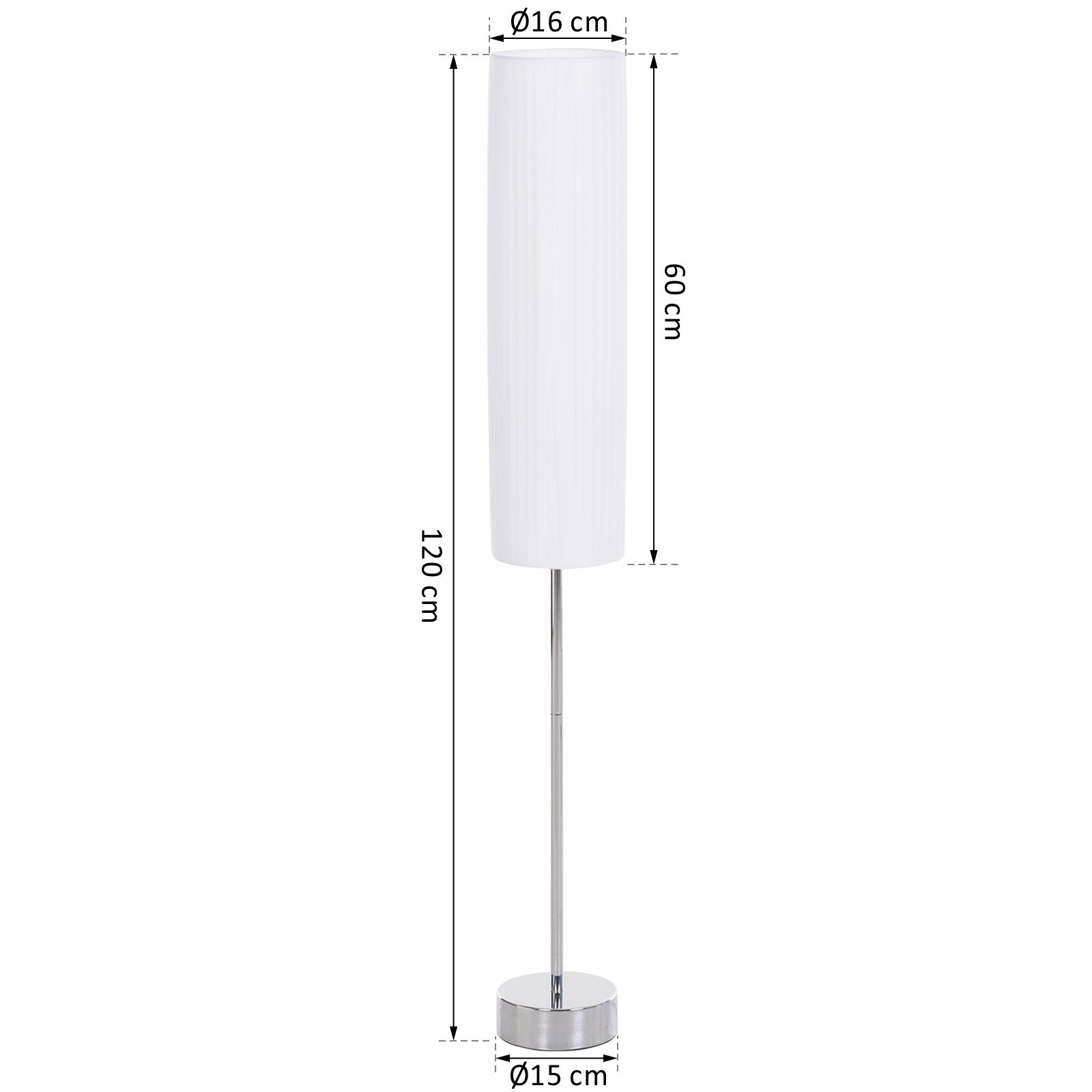 Una lámpara de pie alta y delgada con una pantalla blanca y acanalada. Se muestran las dimensiones. El fondo es blanco.