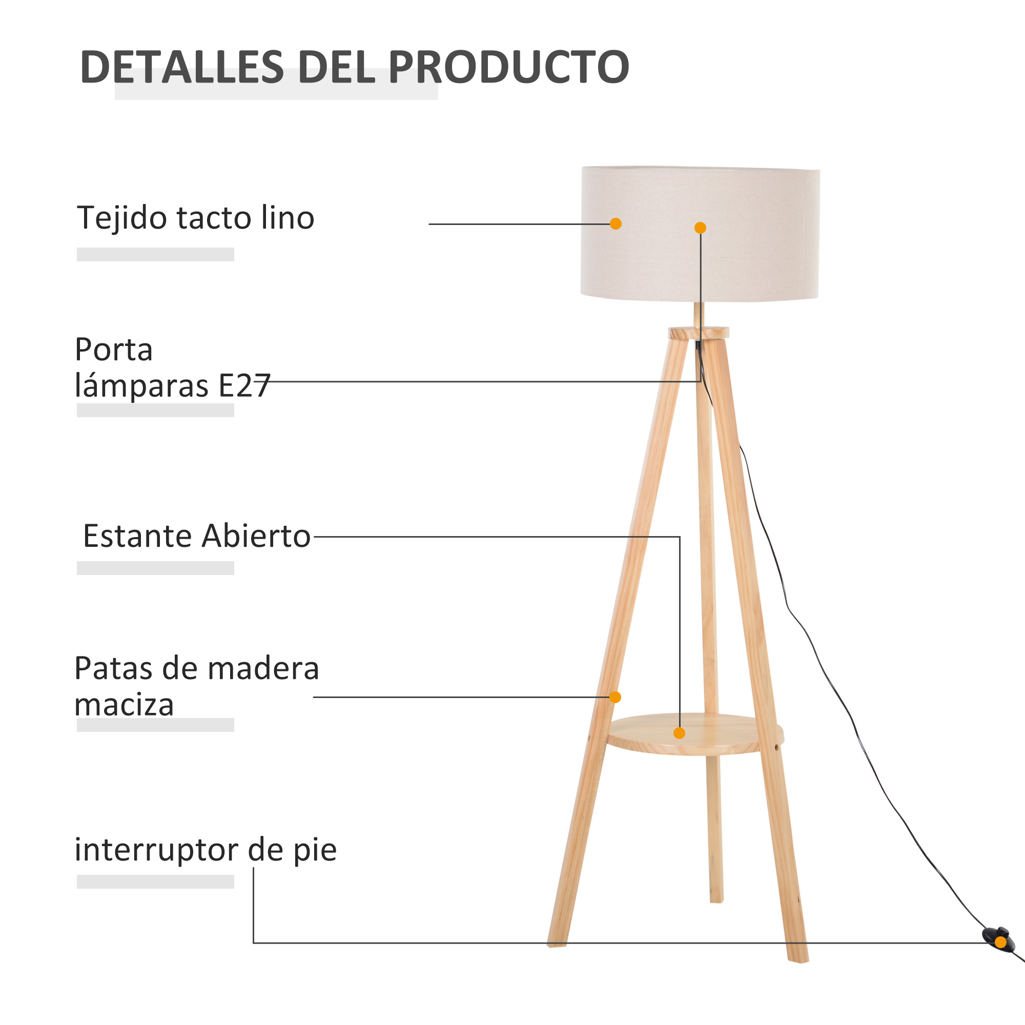 Diagrama de detalles del producto: tela de lino, portalámparas E27, estante abierto, patas de madera maciza, interruptor de pie.