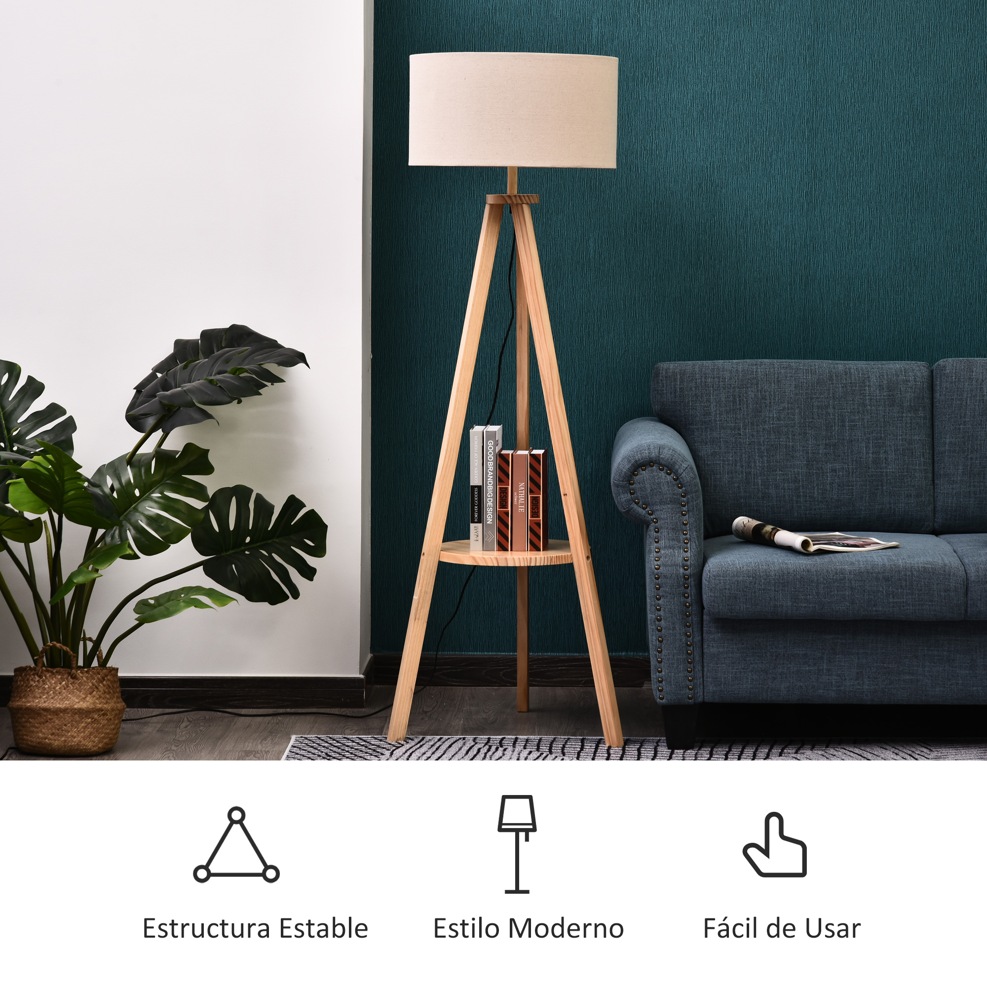 Lámpara de pie trípode de madera con pantalla beige y estante con libros, con iconos de estabilidad, estilo moderno.