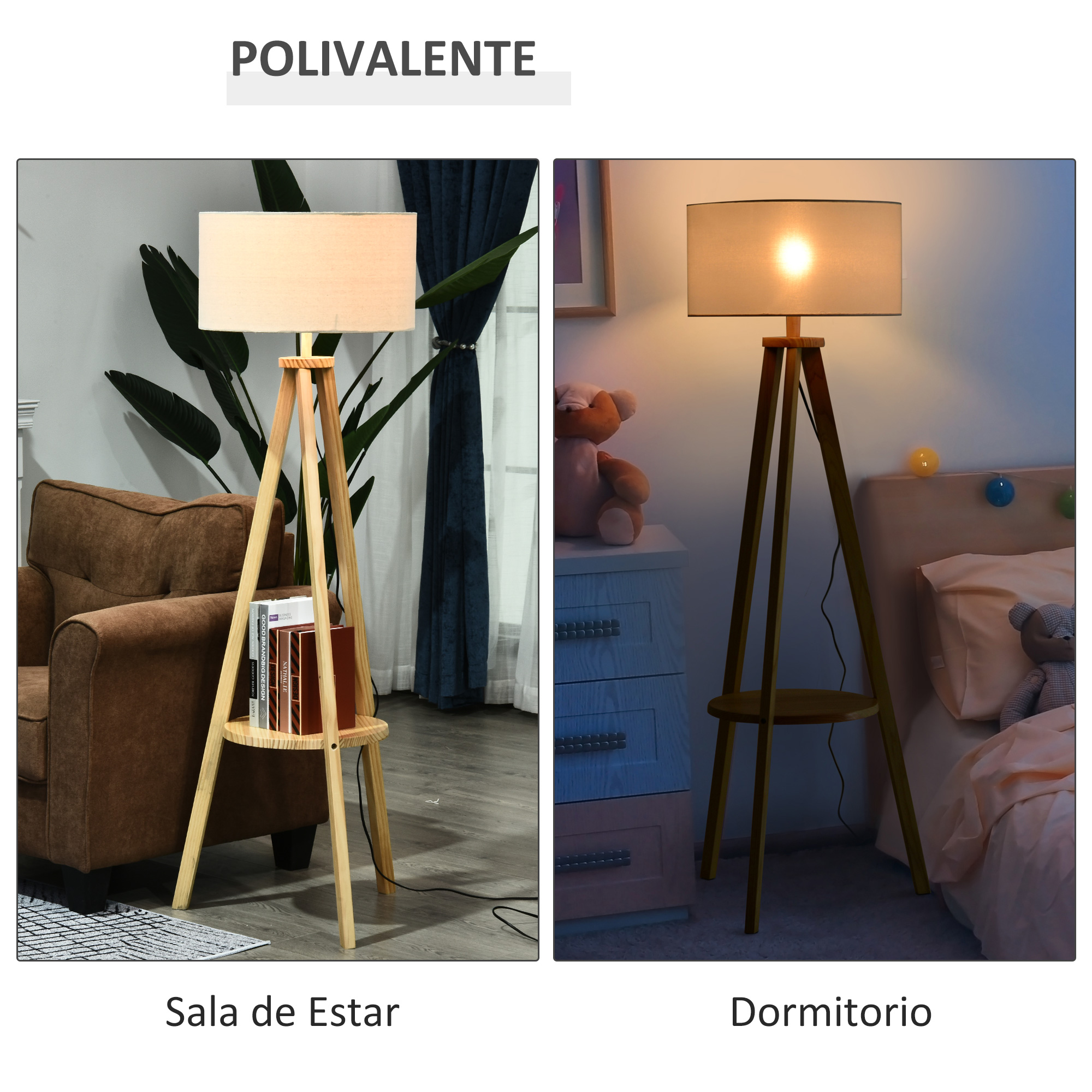Dos imágenes mostrando la lámpara en salón y dormitorio, resaltando su versatilidad y diferentes usos.