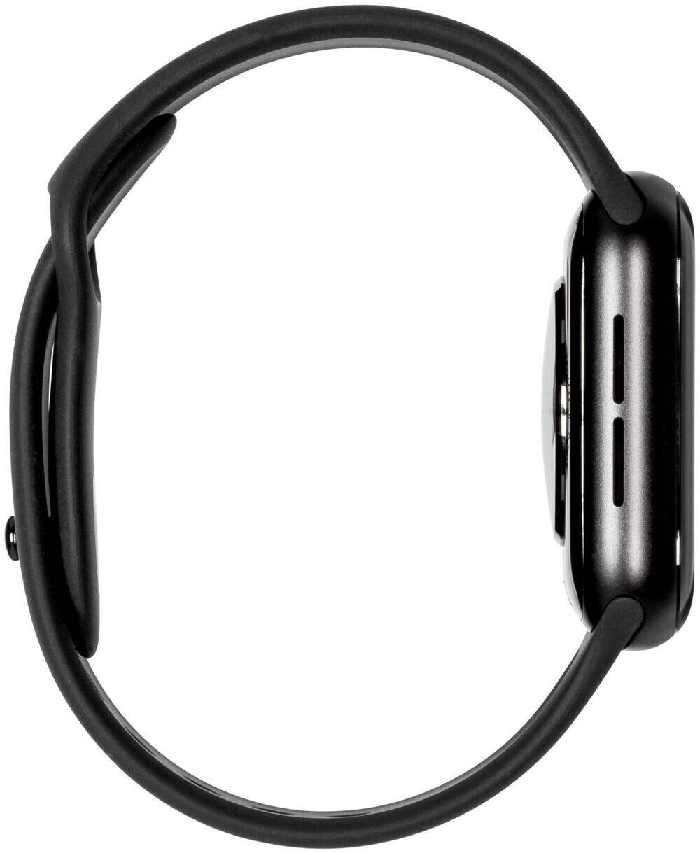Seitenansicht einer schwarzen Apple Watch mit schwarzem Armband, zeigt die Seitentaste und die Krümmung.