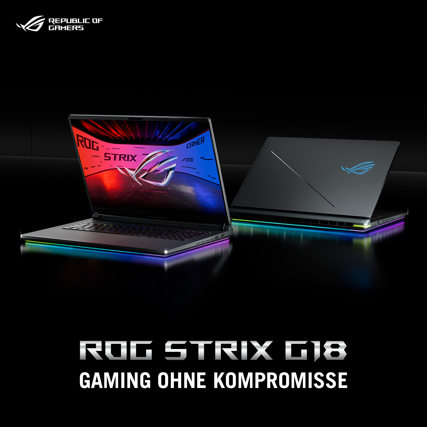 Dwa laptopy, jeden otwarty i jeden zamknięty, w ujęciu promocyjnym. Tekst o ROG STRIX G18.