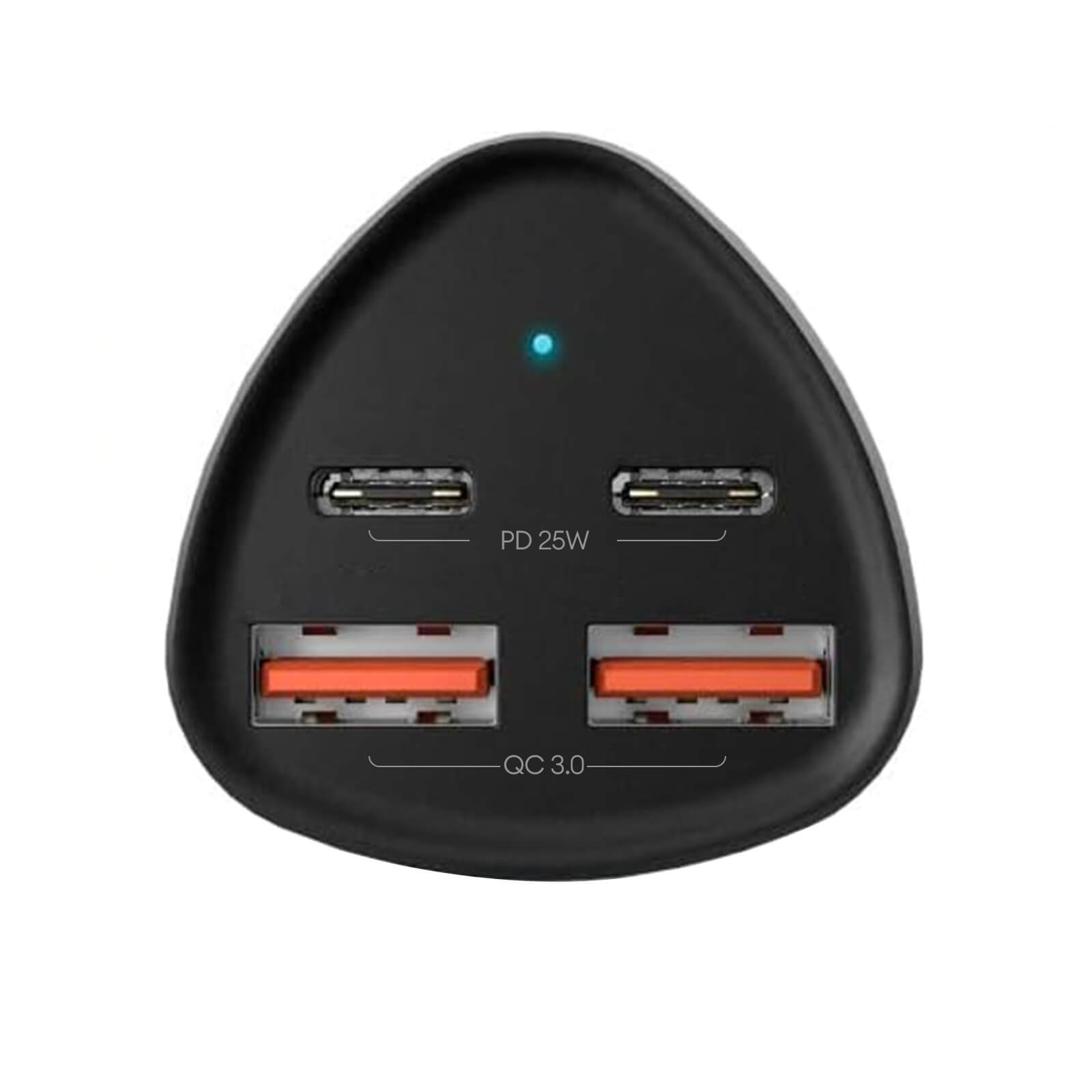 Un caricatore per auto nero con due porte USB-C e due USB-A. La parte superiore ha una luce blu.