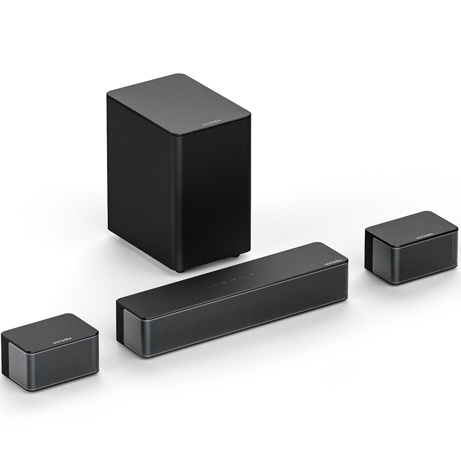 Cztery czarne głośniki, subwoofer, soundbar i dwa małe głośniki, na białym tle.