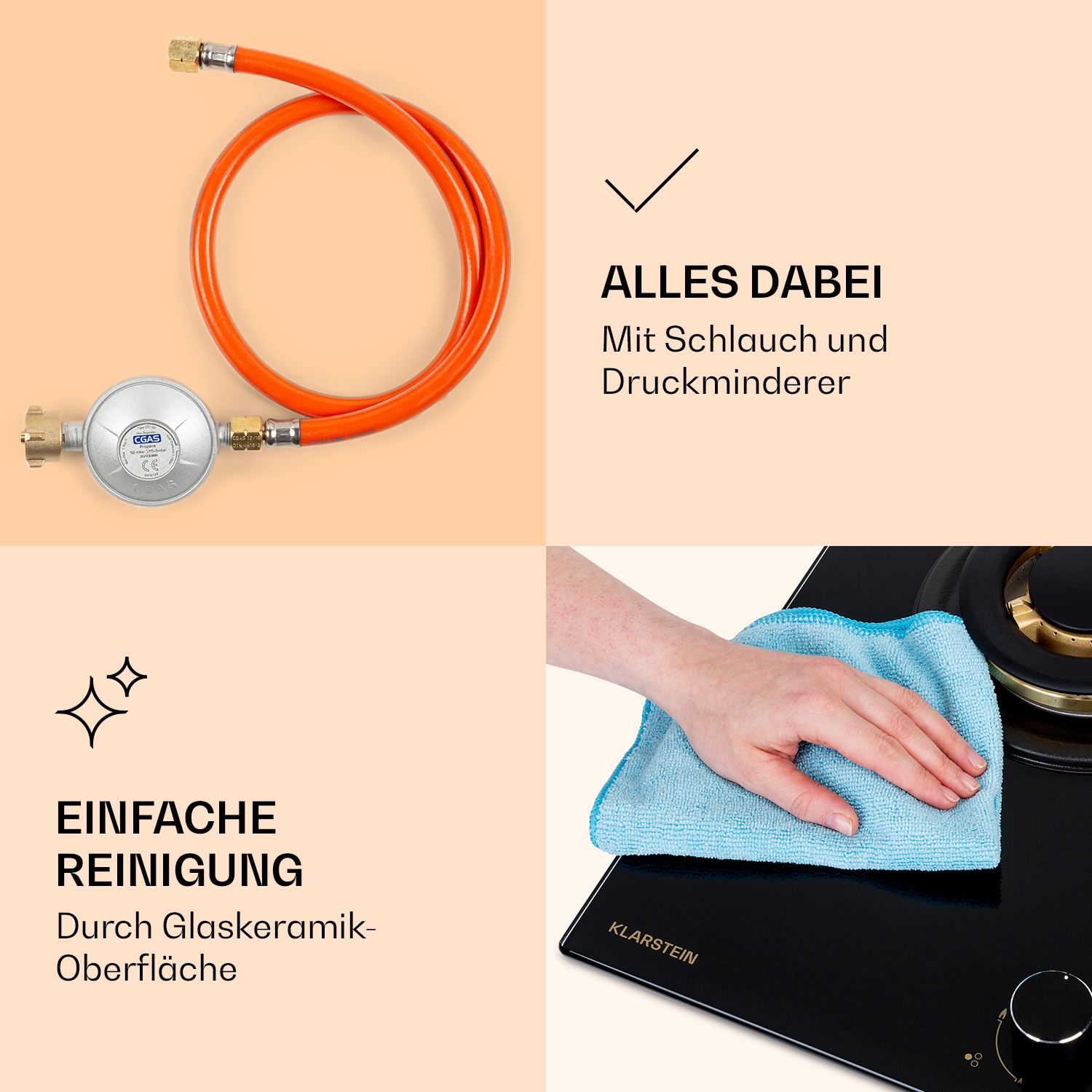 Das Bild zeigt einen Gasherd mit Schlauch, Regler und eine Person, die die schwarze Oberfläche mit einem blauen Tuch reinigt.