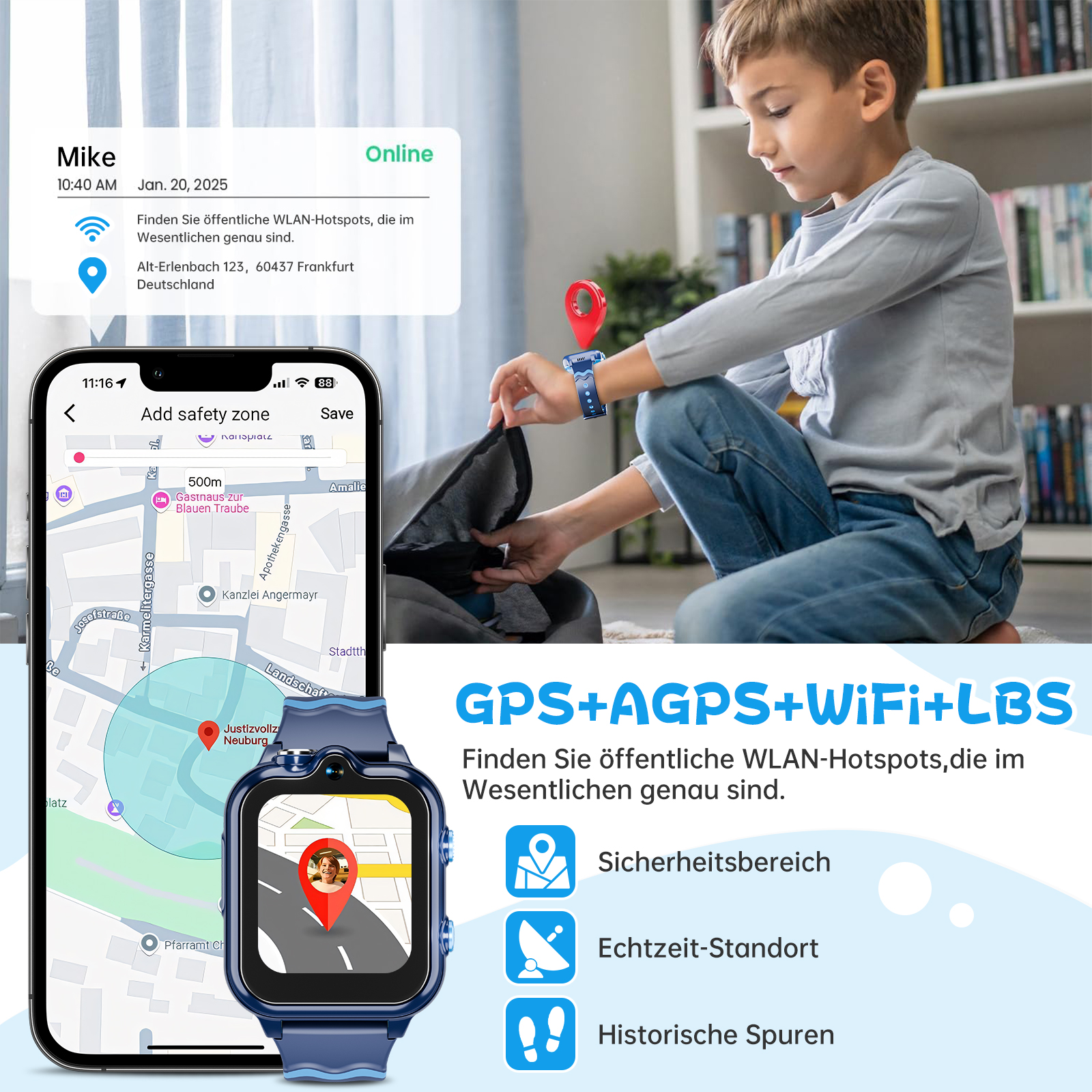 Das Bild zeigt eine Smartwatch, die Standort und Daten anzeigt, einen Telefonbildschirm mit Karte und die Umgebung.
