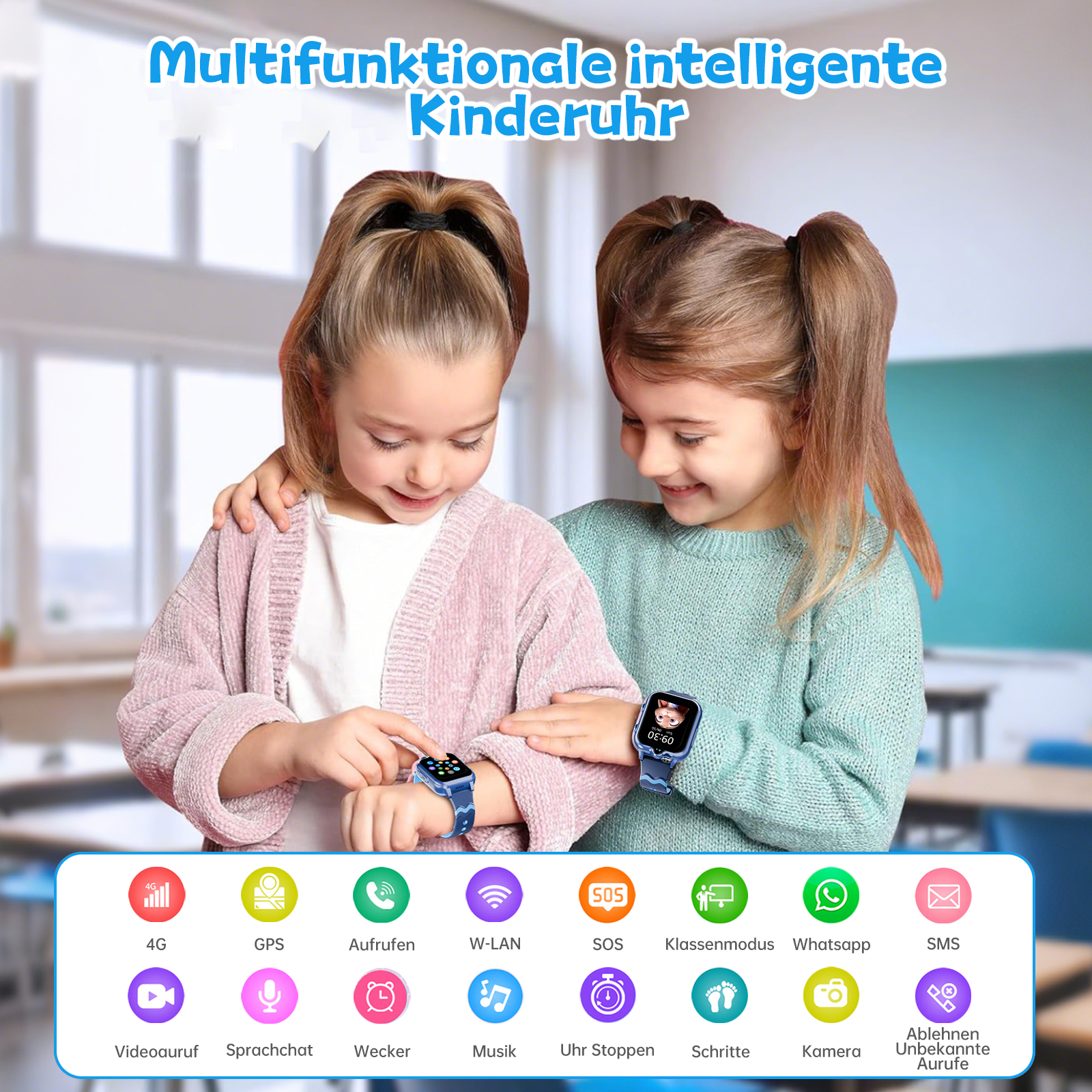 Zwei Mädchen mit Smartwatches. Symbole für verschiedene Funktionen sind sichtbar, darunter 4G, GPS und Videoanruf.