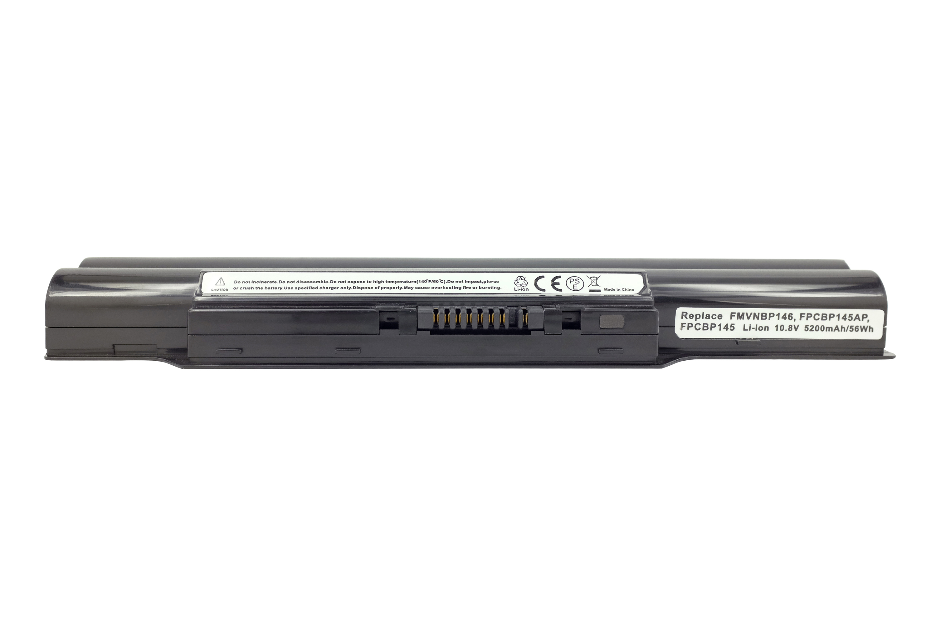 Una batteria nera per laptop con etichette, connettori e testo.