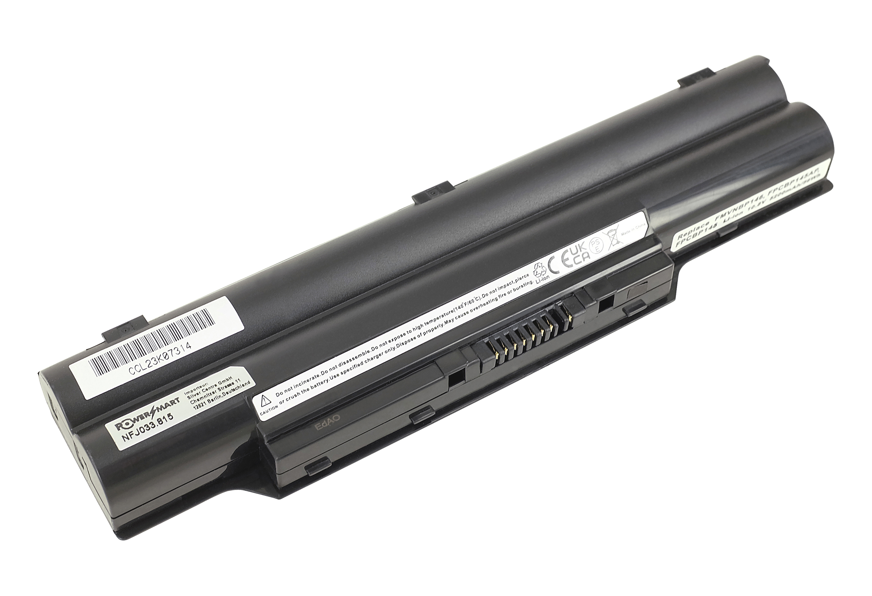 Batteria del laptop, colore nero. Sfondo bianco.