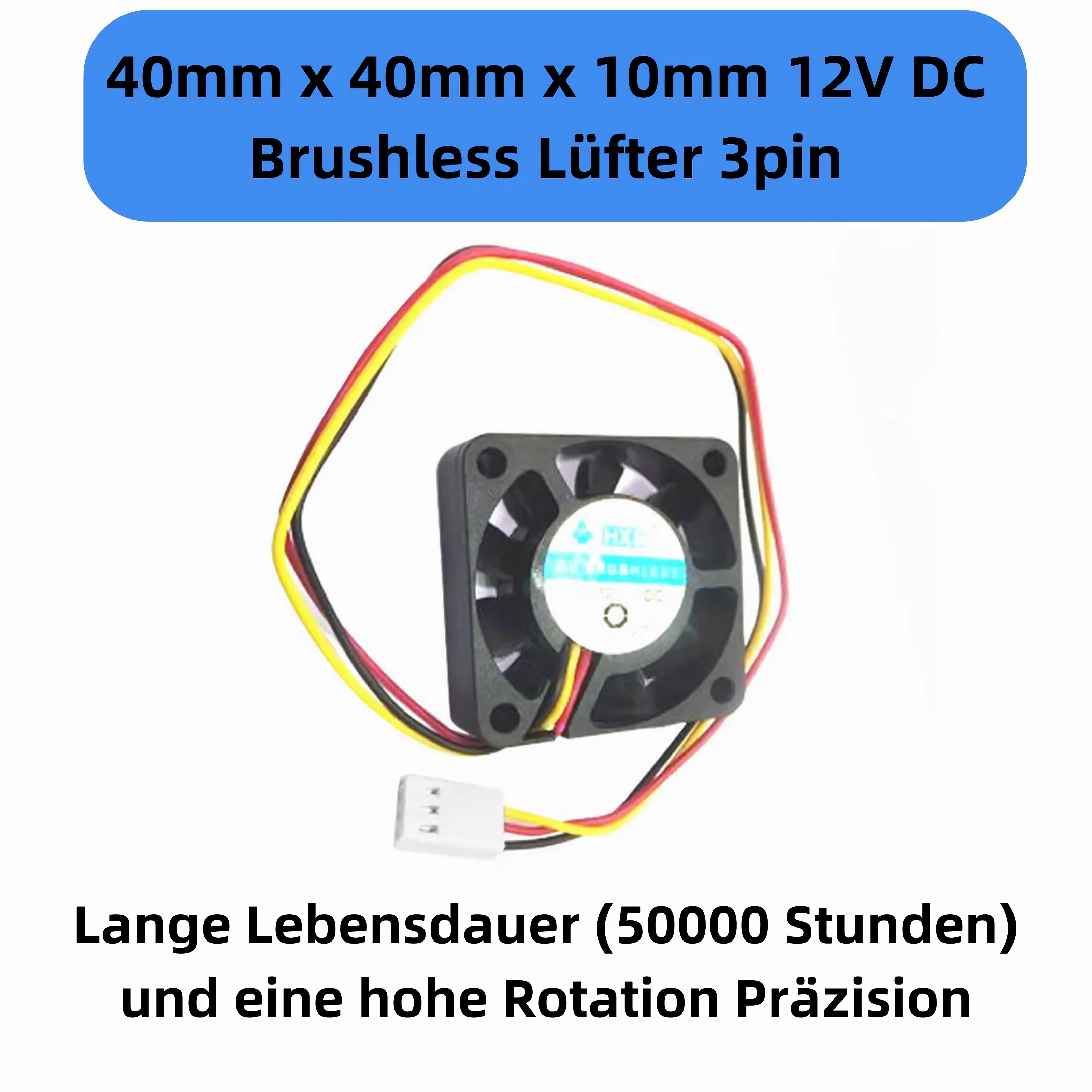 Kleiner Lüfter mit Drähten, Text und einem schwarzen quadratischen Rahmen.