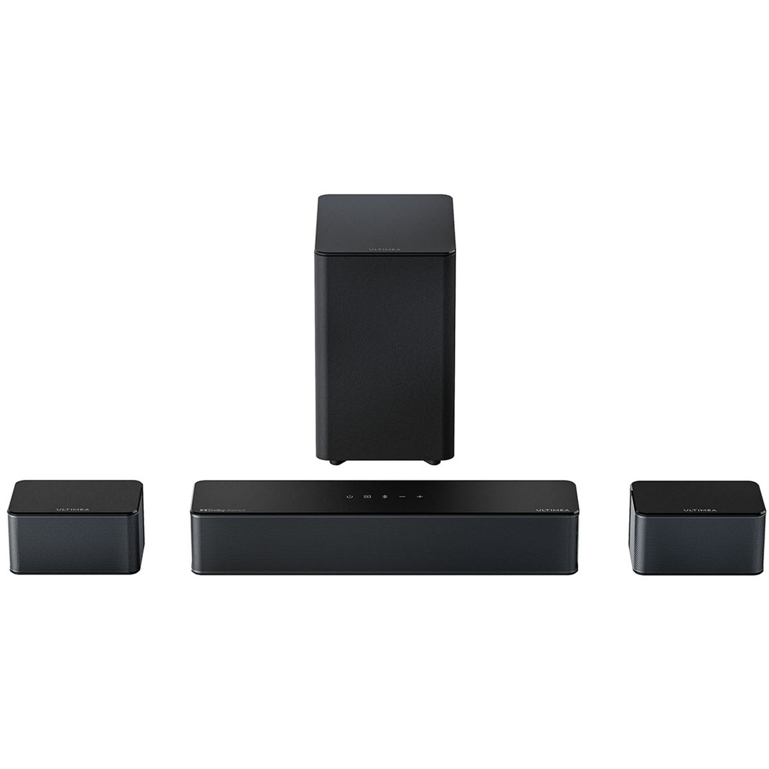 Czarny system dźwiękowy z subwooferem i dwoma głośnikami satelitarnymi.