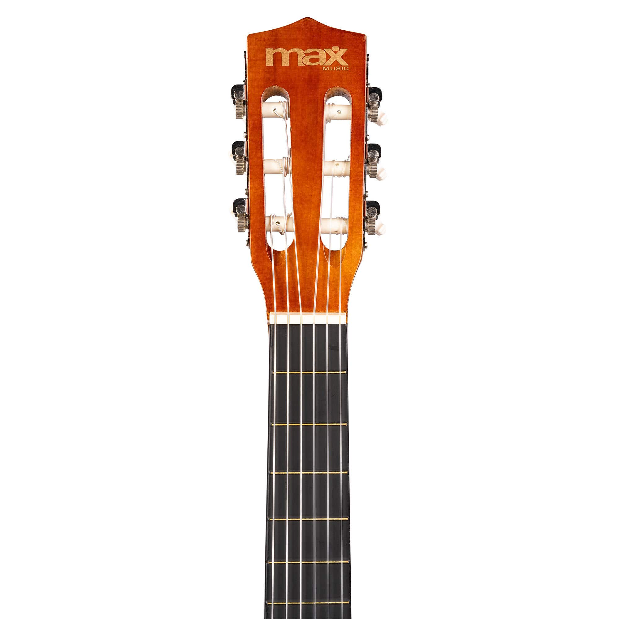 De kop van een gitaar, met de merknaam 'max music'.