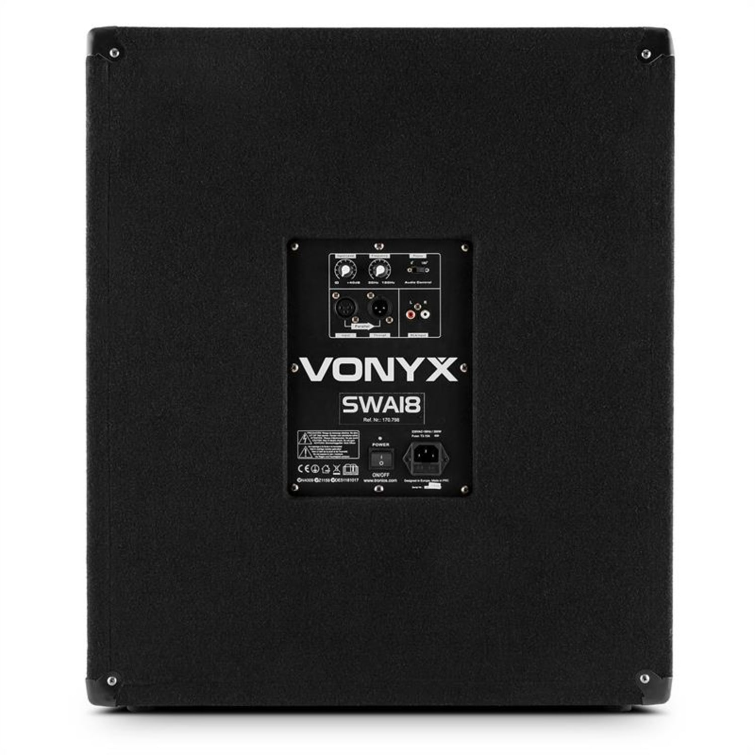 Altavoz negro con panel trasero negro, visible el logo VONYX.