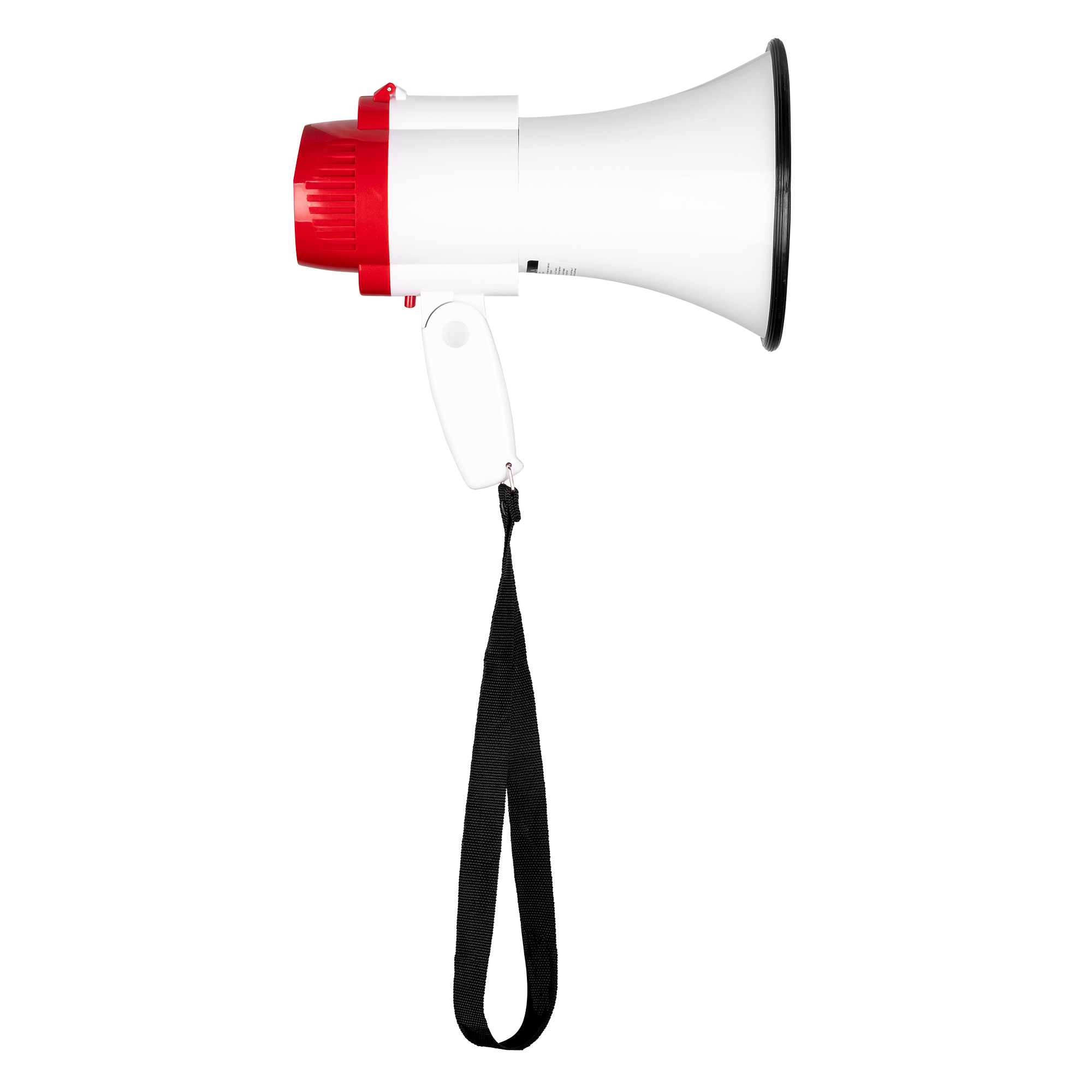 White and red megaphone with a black strap, isolated on white background.