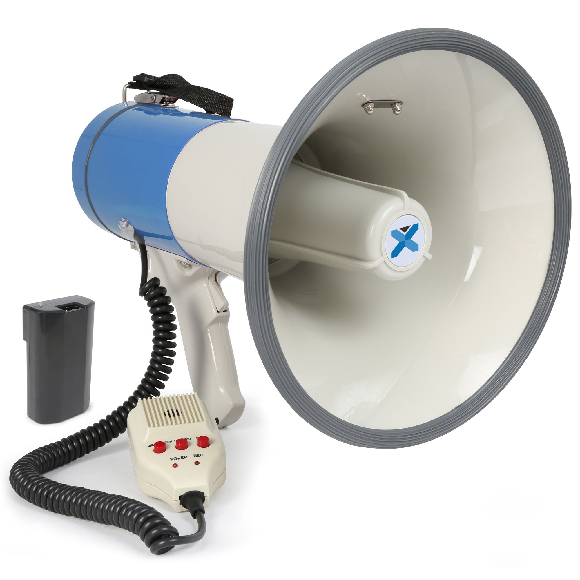 White and blue megaphone with a microphone, a battery and a strap.