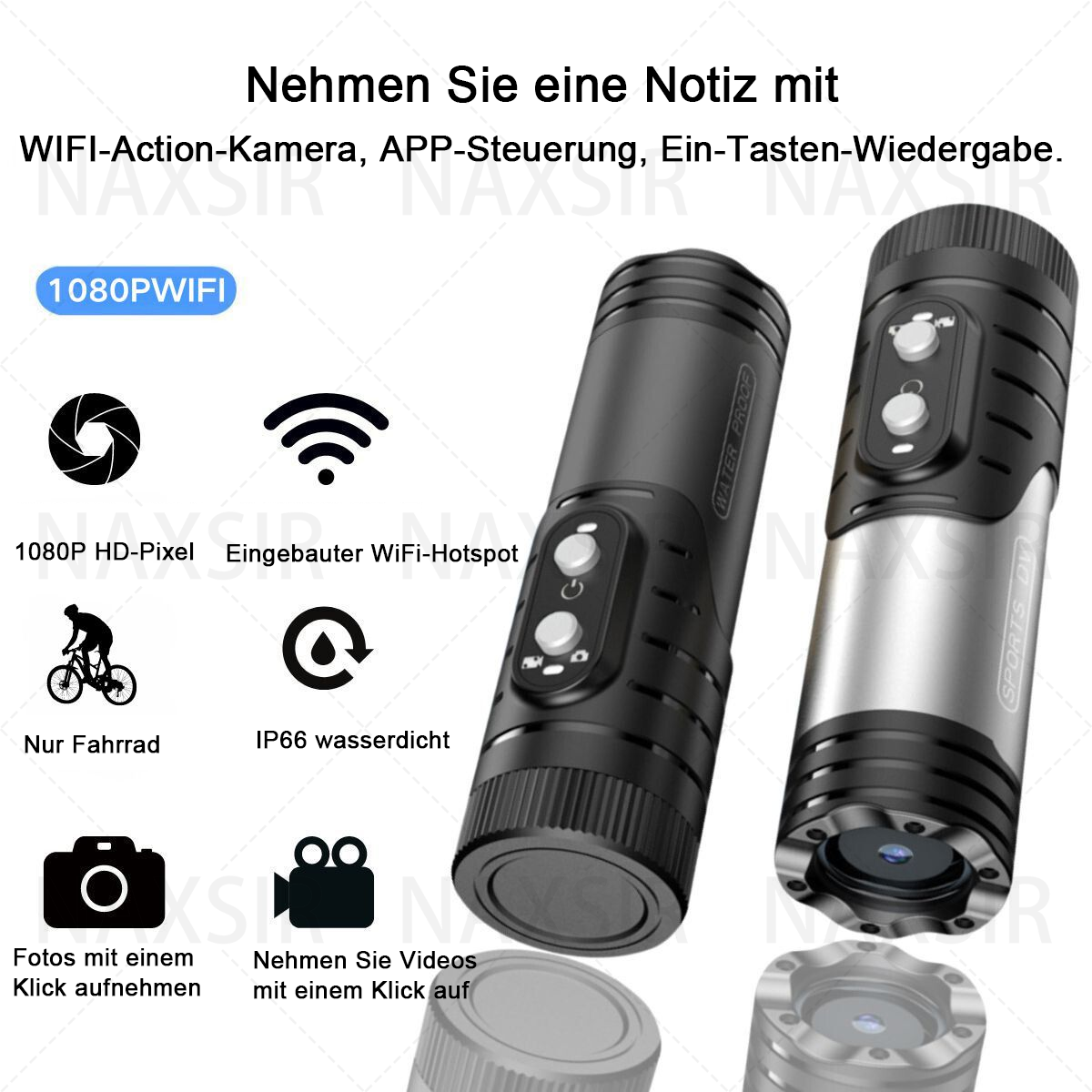 Zwei schwarze Action-Kameras. Eine ist eine Kamera im Taschenlampenstil. Das Bild zeigt die Kamerafunktionen mit Symbolen.