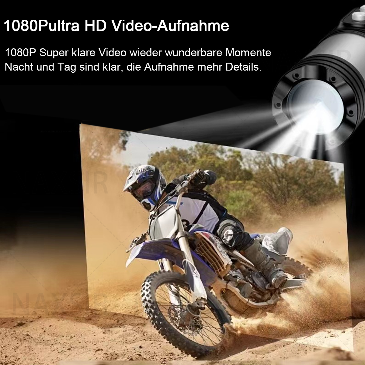 Motorradfahrer auf einer Dirt-Strecke, beleuchtet vom Licht einer Kamera. Helles Licht von der Kamera, Action-Aufnahme.