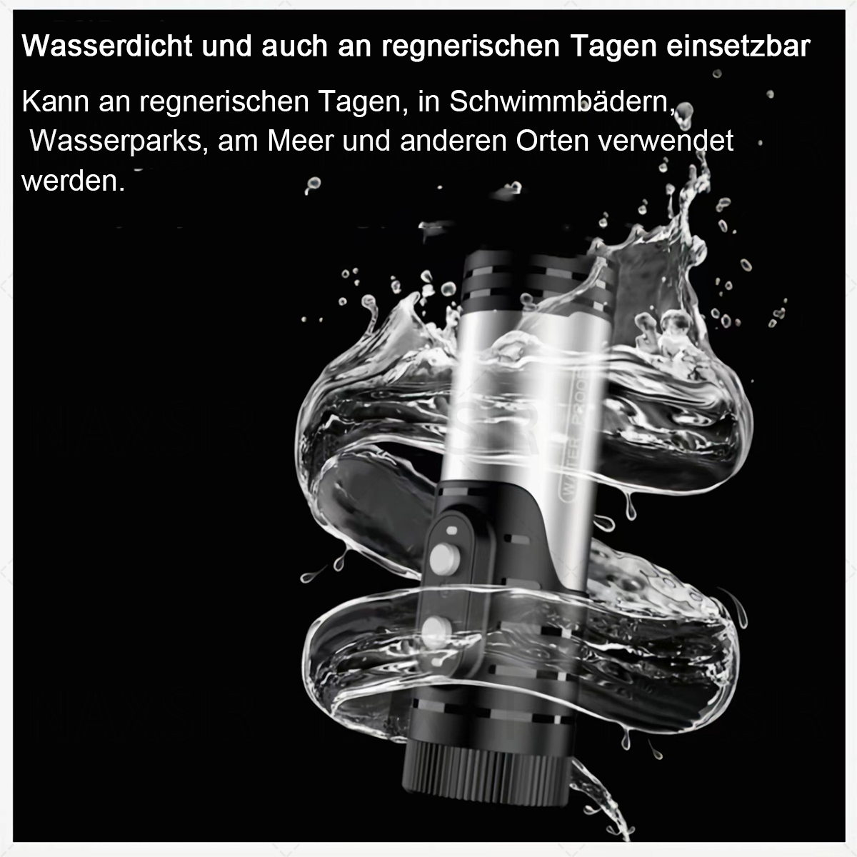 Eine schwarze Actionkamera mit Wasserspritzern. Die Kamera ist silber und schwarz. Wasser umgibt das Gerät.