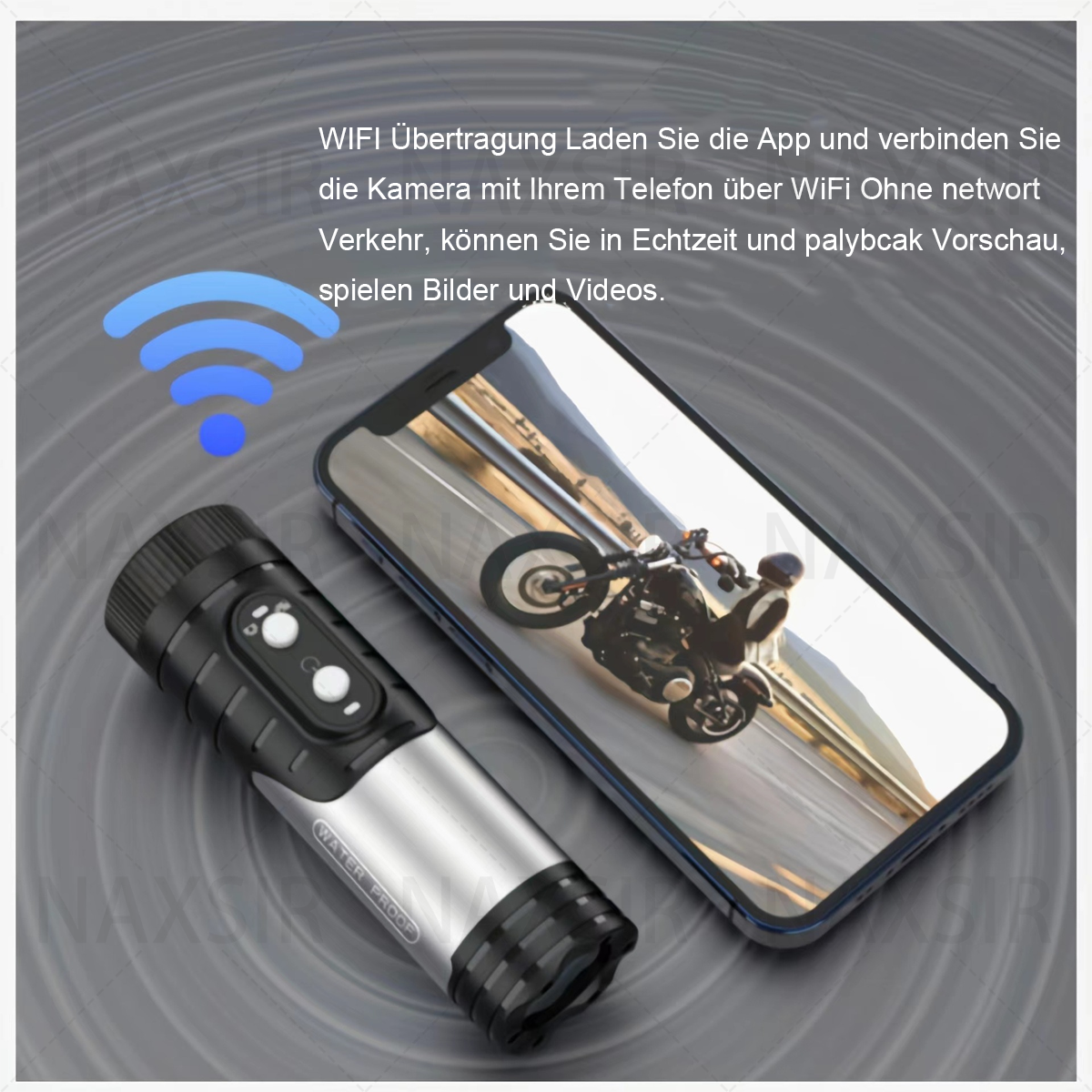 Action-Kamera und ein Smartphone. Das Telefon zeigt ein Motorrad auf einer Straße. WLAN-Symbol oben im Bild.