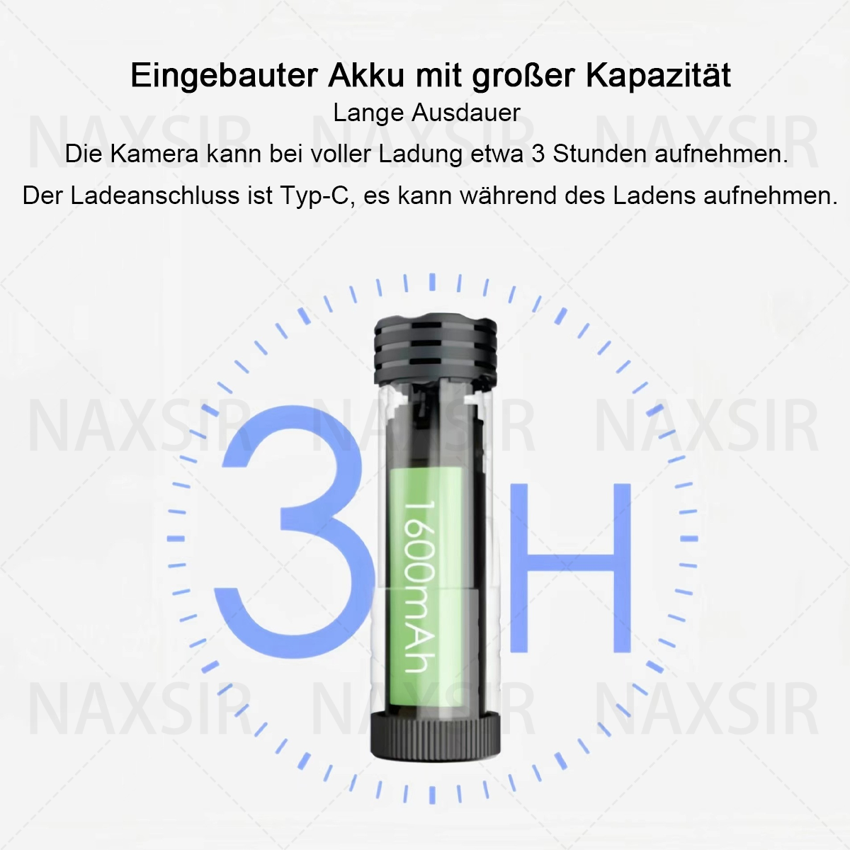 Akkulaufzeitanzeige der Kamera. Zeigt eine Batteriegrafik mit den Aufschriften '1600mAh' und '3H'. Blaue Zahlen drumherum.