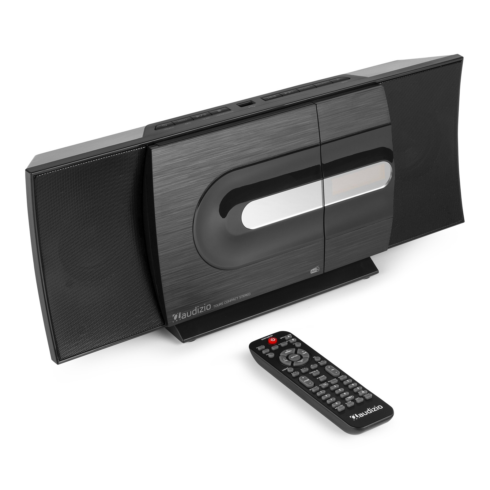 Sistema estéreo negro con altavoces. Tiene un reproductor de CD y una etiqueta Bluetooth. Mando a distancia al frente.