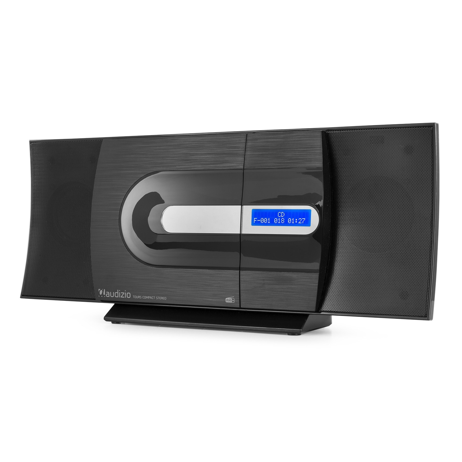 Estéreo negro con reproductor de CD. La pantalla muestra 'CD' e información de la pista. Sistema estéreo negro.