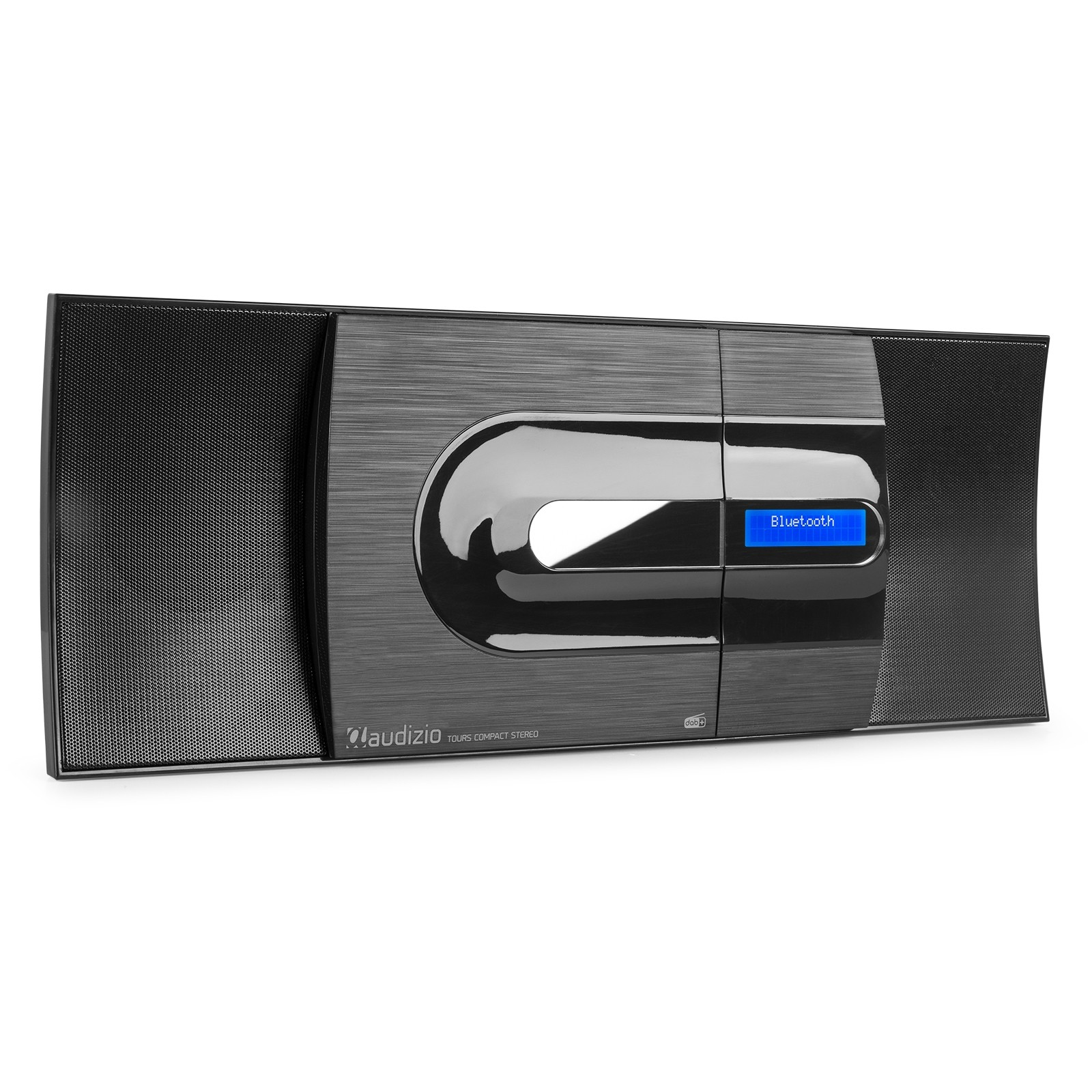Sistema estéreo negro con Bluetooth. La pantalla muestra 'Bluetooth'. Sistema estéreo negro.