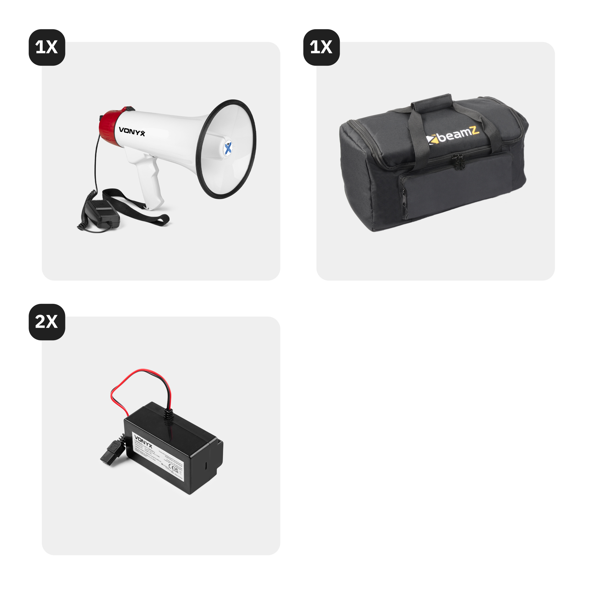 Diagrama con un megáfono, una bolsa y dos baterías. Fondo blanco.
