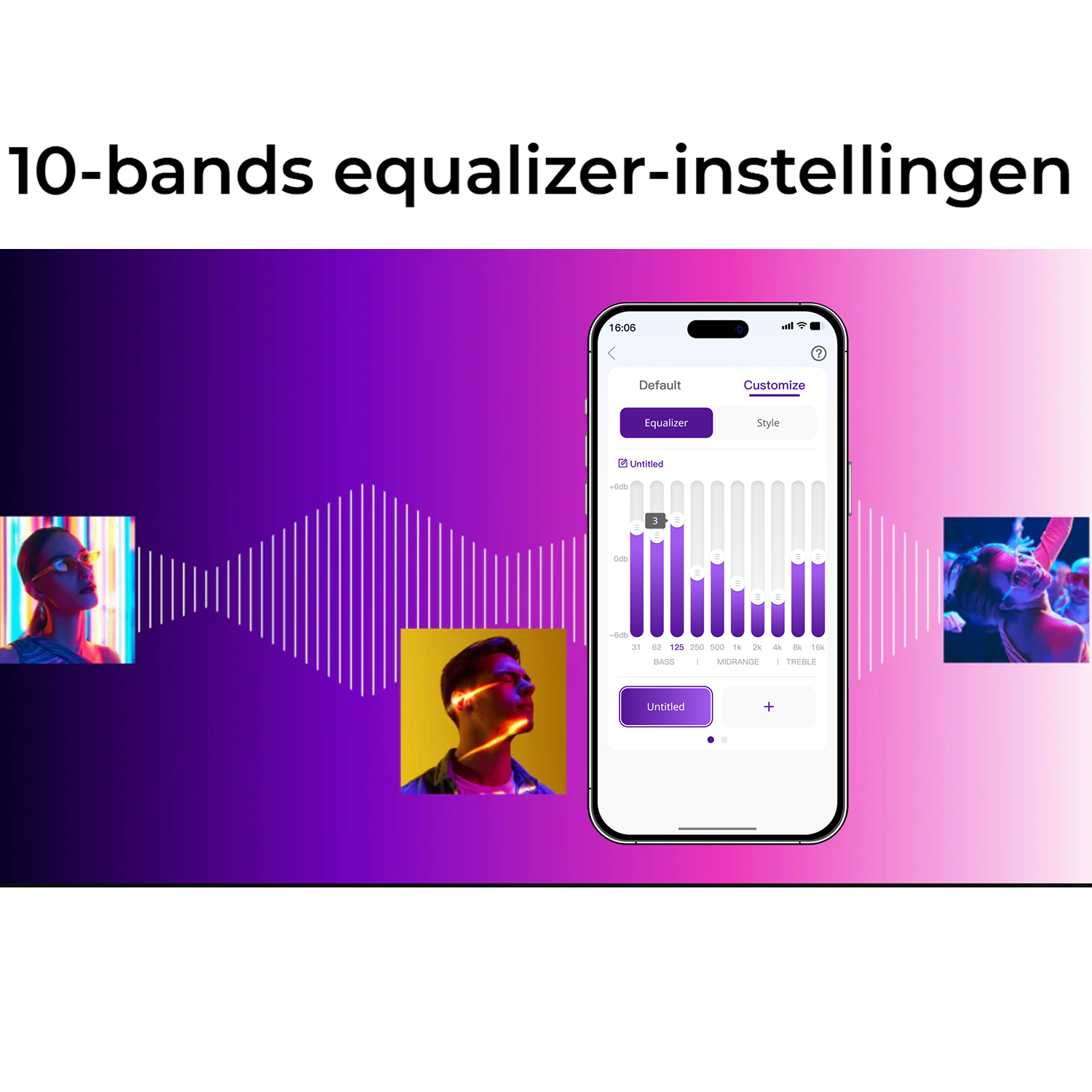 Smartphone showing a 10-band equalizer settings interface with a purple background and stylized portraits.