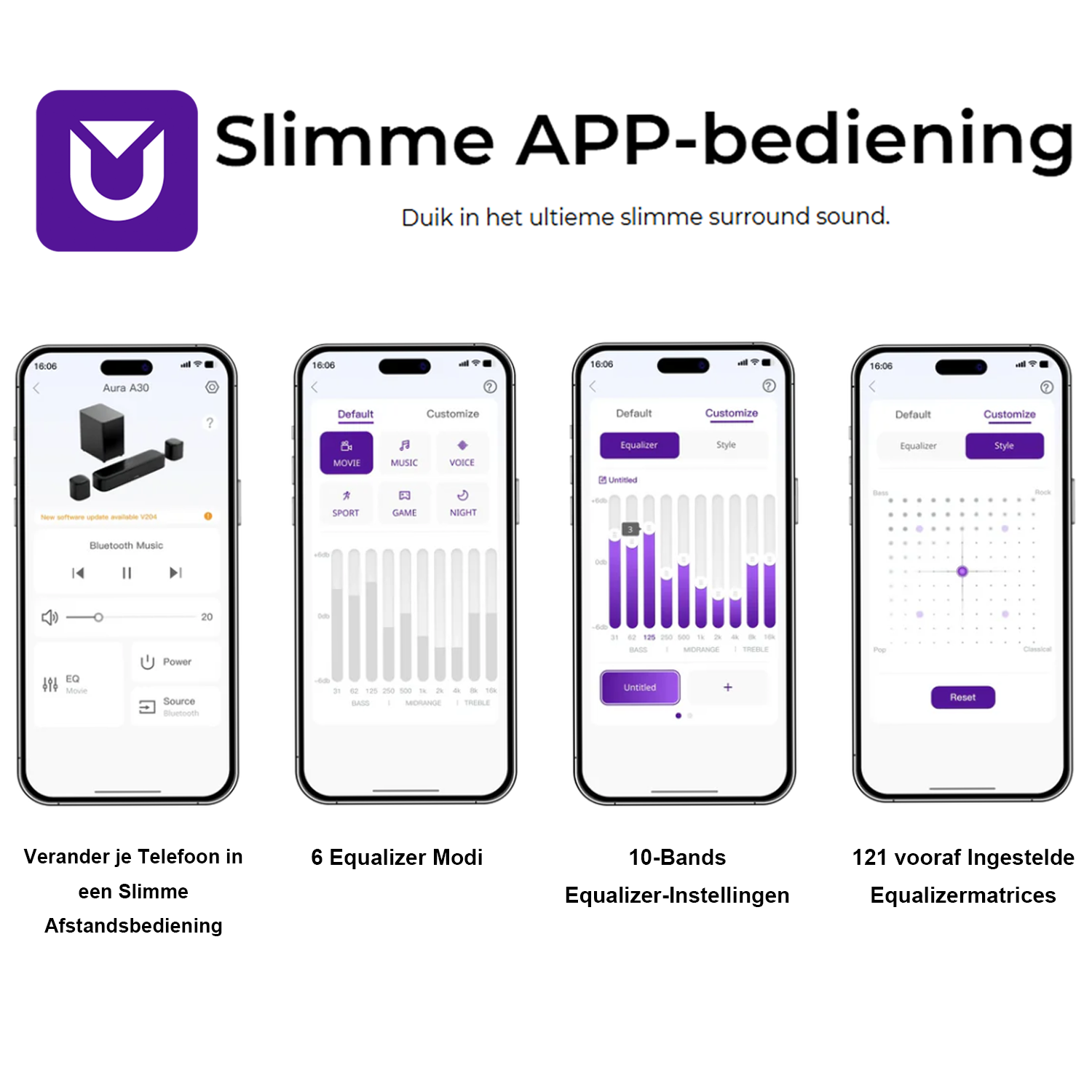 Four smartphone screens showing audio settings. Text reads 'Slimme APP-bediening'. Includes equalizer options.
