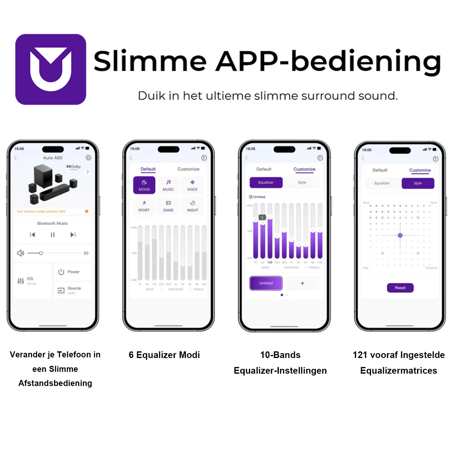 Vier smartphone schermen die audio-instellingen tonen. Inclusief een speaker en equalizer opties. Tekst: 'Slimme APP-bediening'.