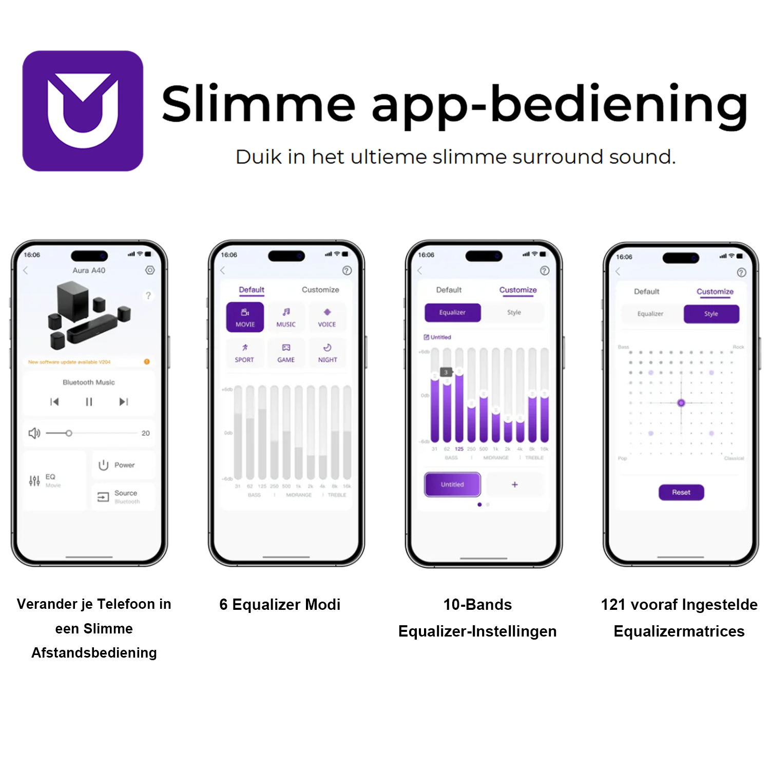 Four smartphone screens with audio settings. Includes a speaker and equalizer options. Text: 'Slimme APP-bediening'.