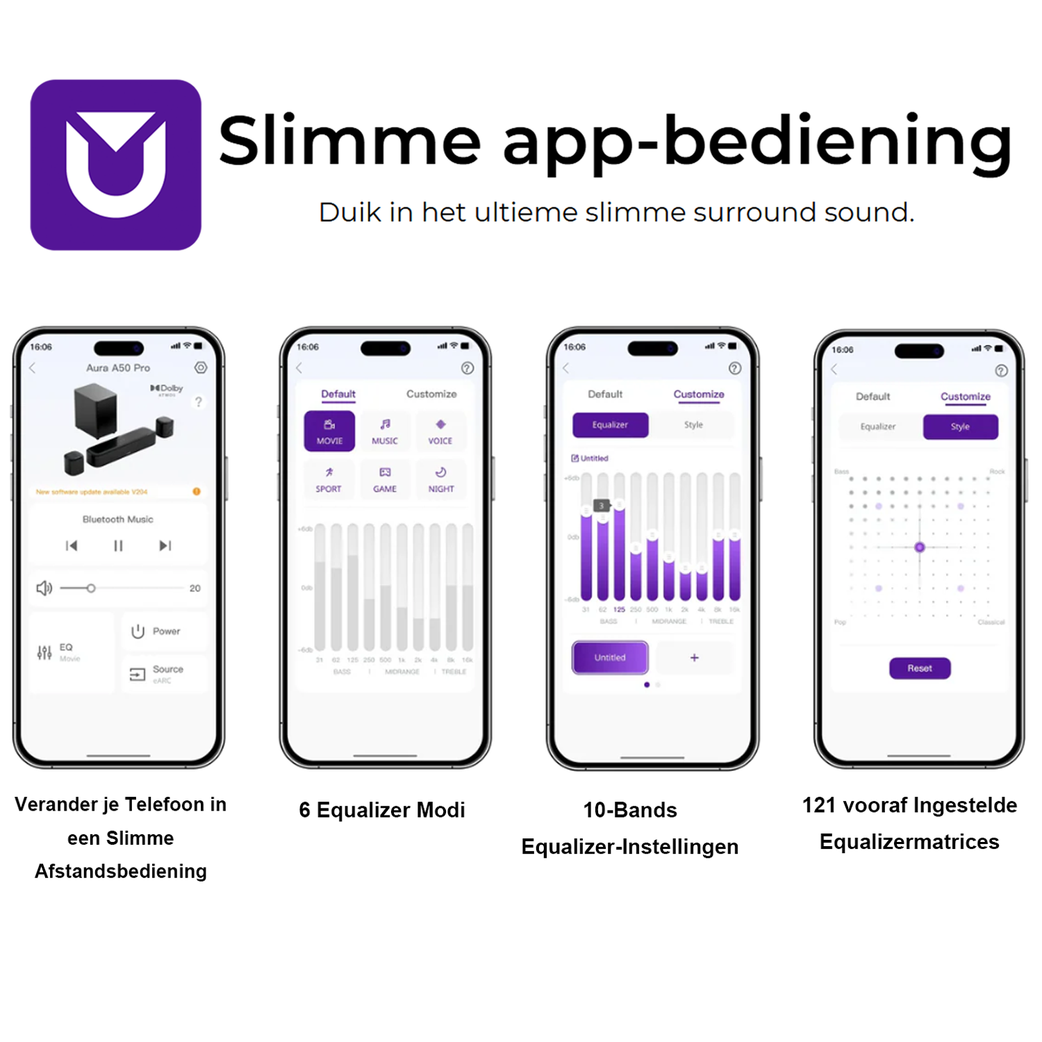 Four smartphone screens with audio settings. Includes a speaker and equalizer options. Text: 'Slimme APP-bediening'.