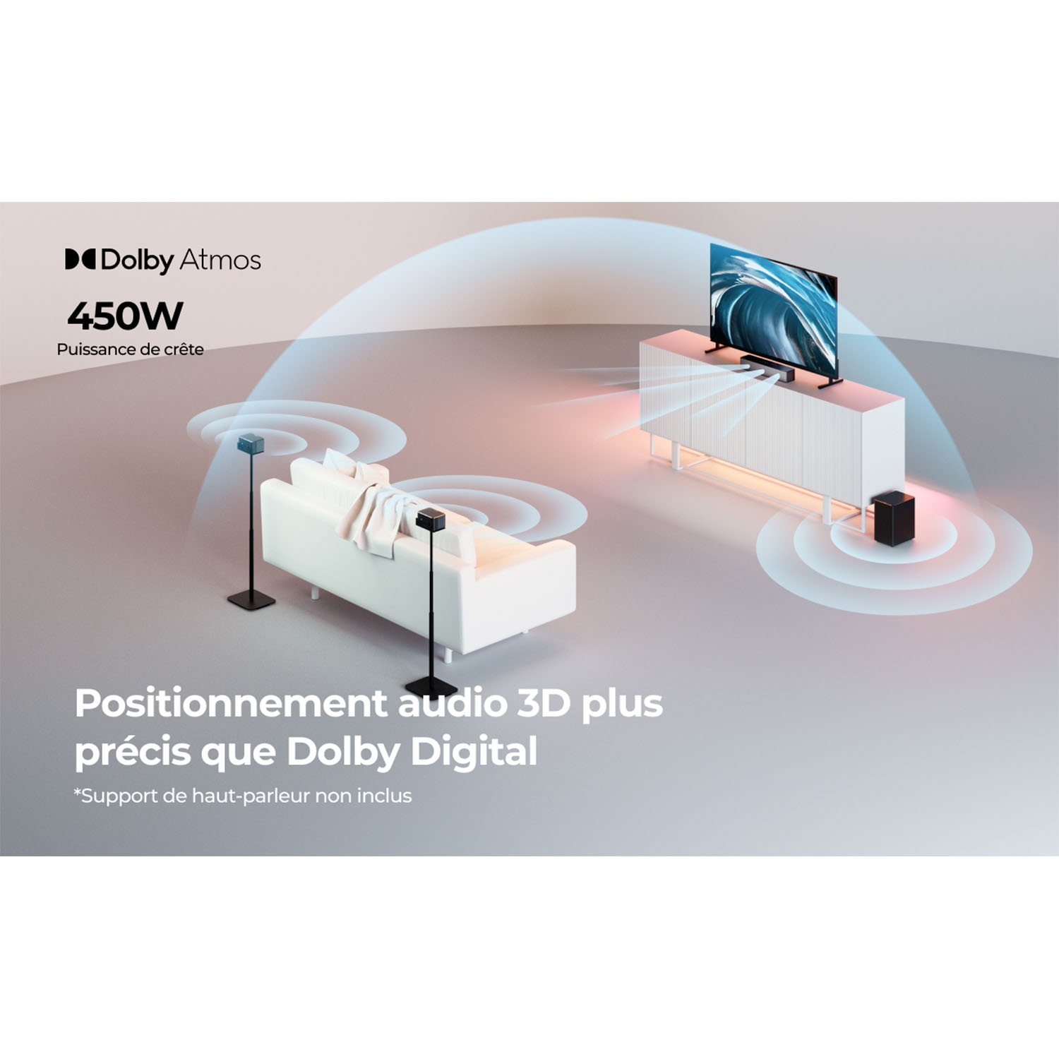 Woonkamer met tv en soundbar setup. Tekst: 'Positionnement audio 3D plus précis'.
