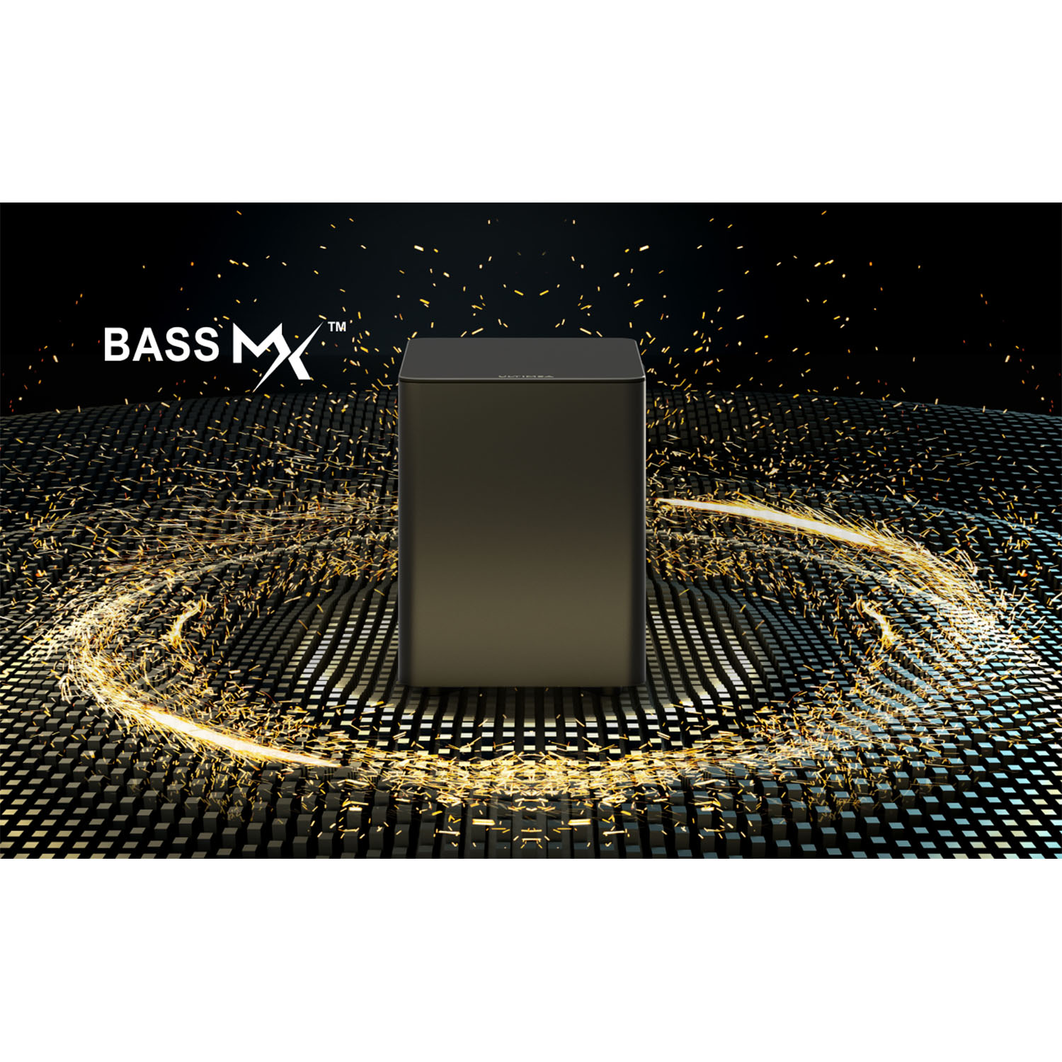 Zwarte subwoofer met gouden lichteffecten. Tekst: 'BASS MX'.